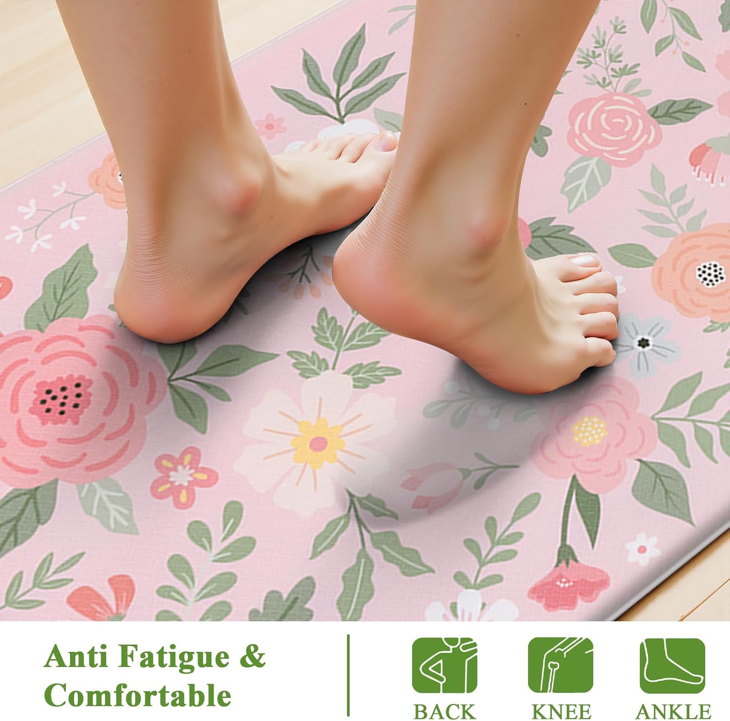 SHACOS Floral Kitchen Rugs Set of 2 Anti-Fatigue Kitchen Mats Pink Cushioned Mats with Coloful Flowers Farmhouse Non Slip Waterproof Comfort Standing Rug 17x27.5+17x47, Pink Floral