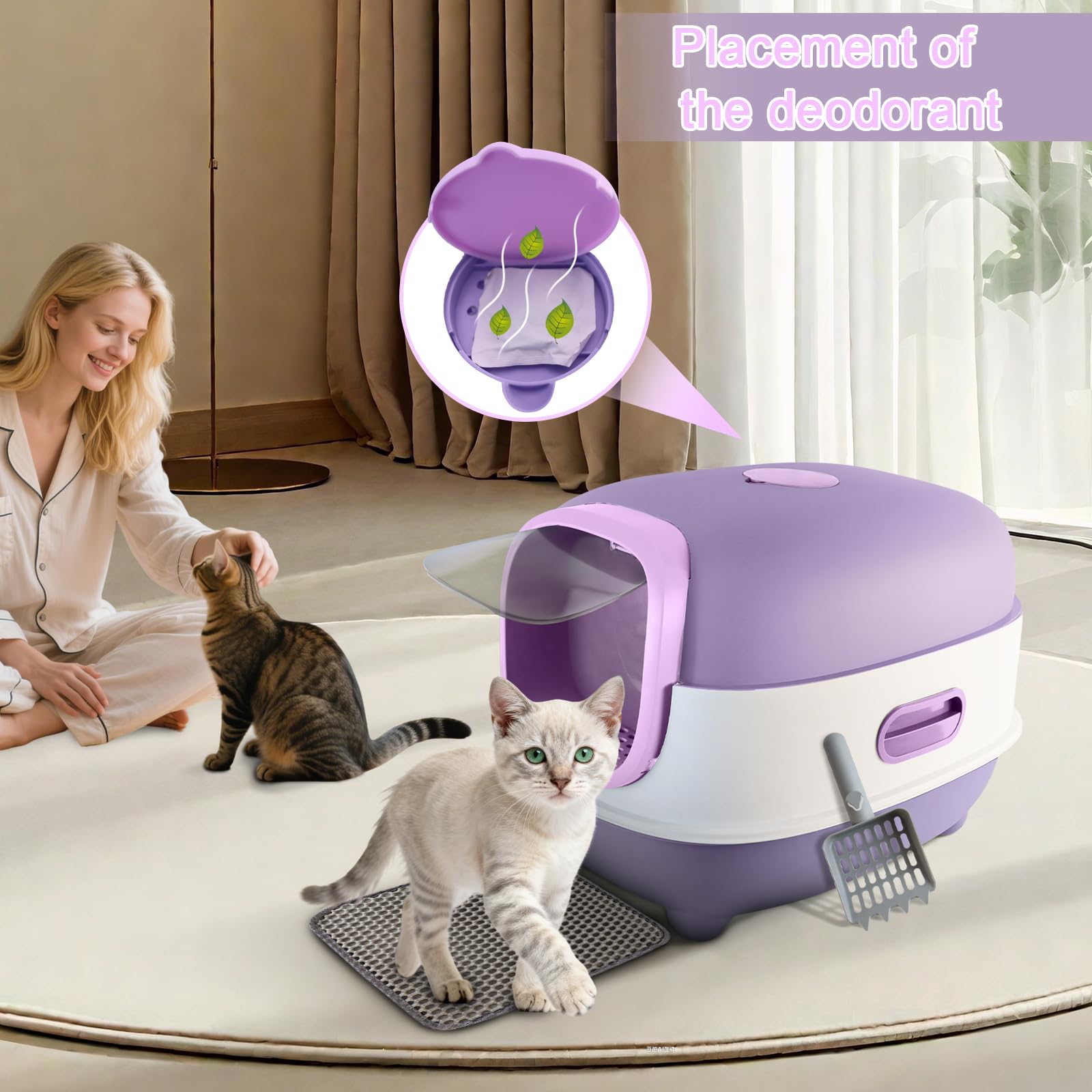 Large Cat Litter Box with Cat Litter Scoop, Foldable Litter Box with Lid, Front Entry and Exit Leak-Proof Litter Cat Box, Odor Control, Easy to Clean (Purple)