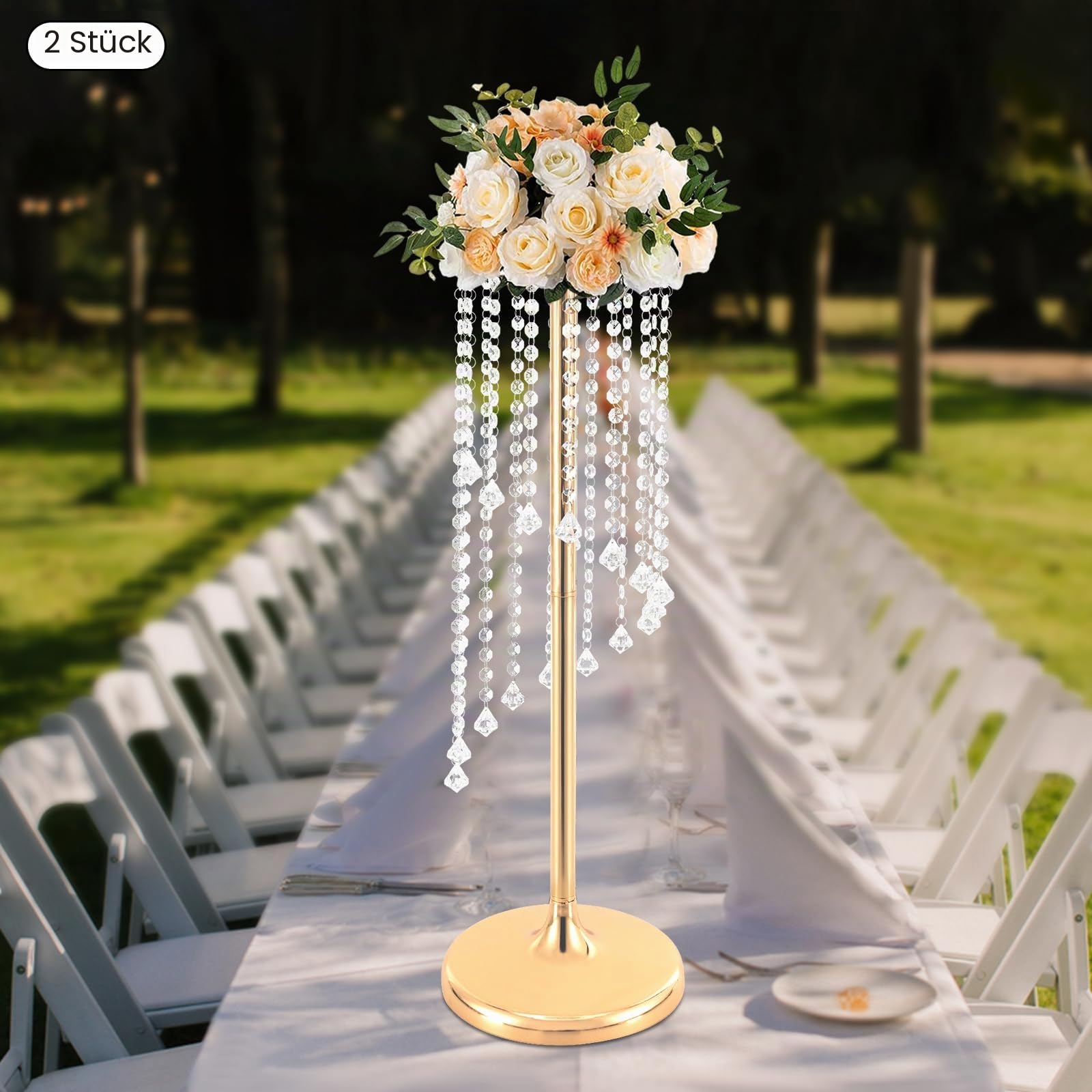 Metall Blumenständer Hochzeitsdekoration mit Kristallanhänger, Hohe Blumenboden Vase Blumenständer MetallSäule Vasen, Blumenvasen Blumenhalter mit Metall Basis für Hochzeit, Party (Gold)