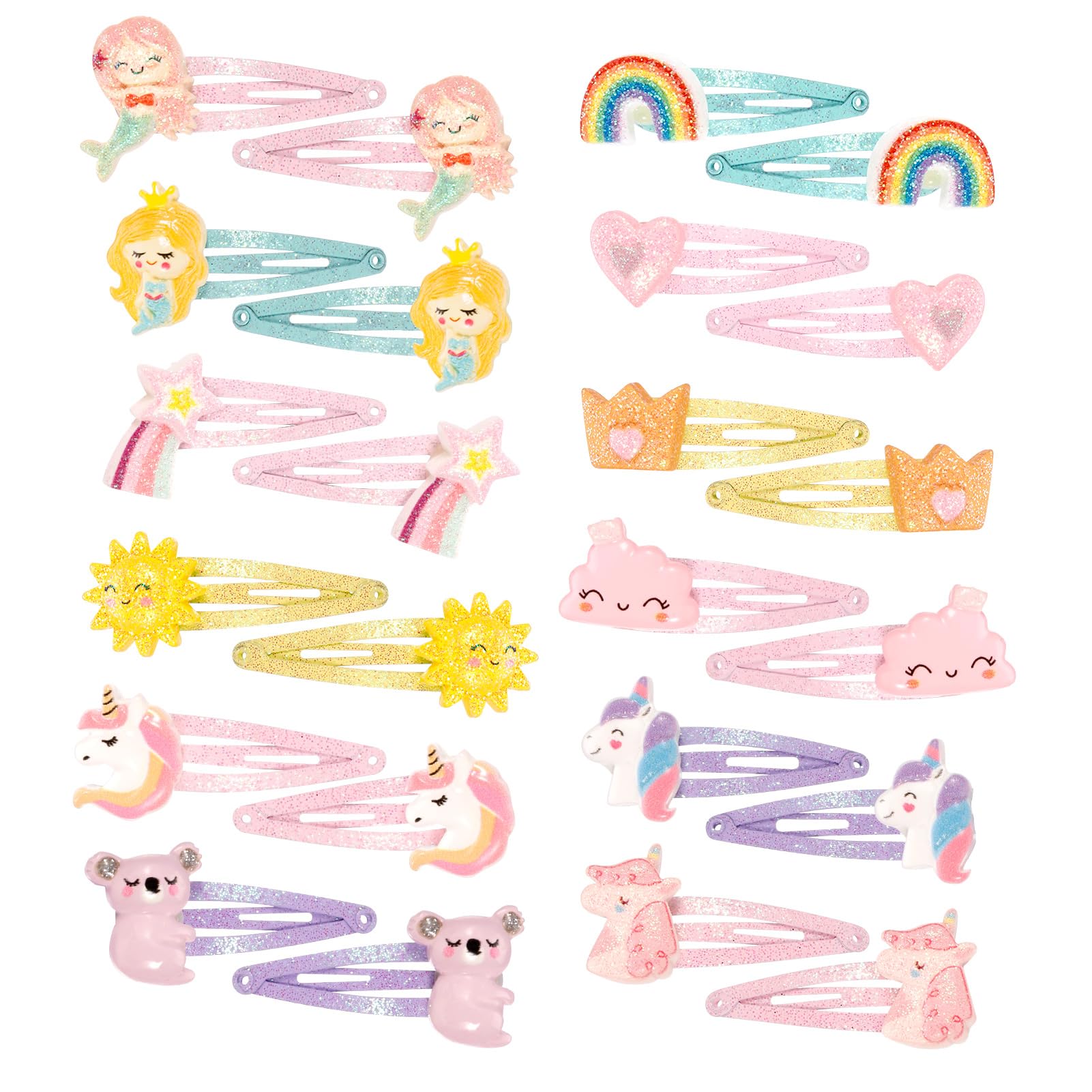 patinadrift 24 Stück Haarspangen Mädchen Glitzer, Haarspangen Kinder Mehrfarbig, Unicorn Meerjungfrau Herzen Regenbogen Haarclips Niedliche Haarschmuck für Kleinkinder Kinder Mädchen Frauen