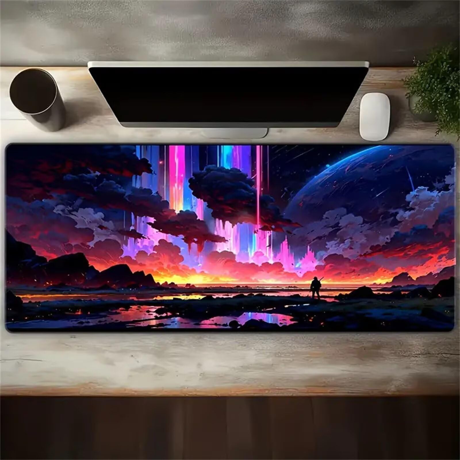 Tappetino per Mouse Gaming XXL 1200x600x2 mm, Mousepad Extra Large da Scrivania con Bordi Cuciti, Tappetino per Tastiera Antiscivolo, Superficie Ottimizzata per Sensori Ottici, Paesaggi Fantastici