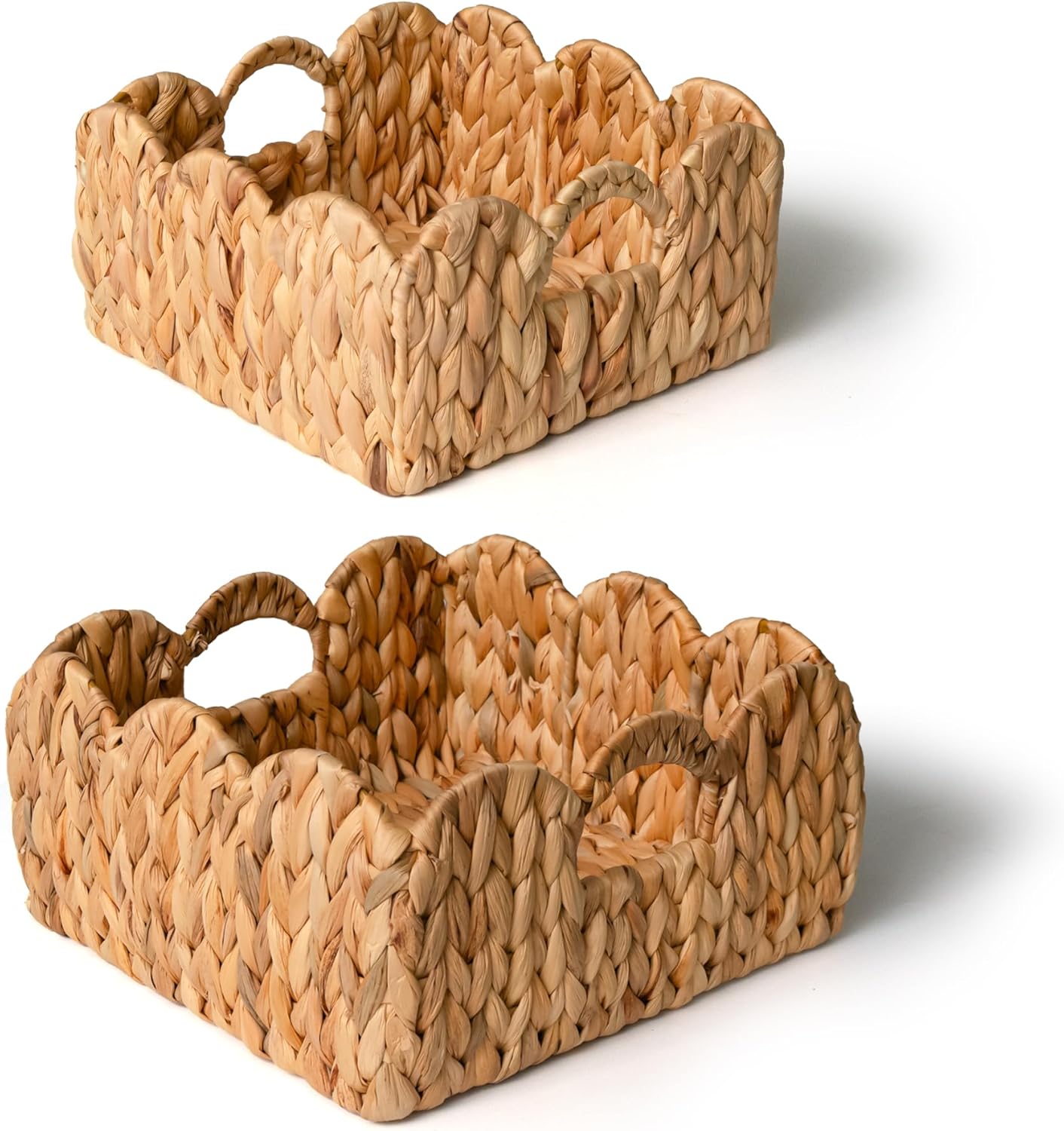 KOKODO Set of 2 Scalloped Wicker Baskets – Handwoven Square Water Hyacinth Storage Baskets with Handles for Organizing, Bathroom, Living Room & Shelf Décor – Decorative Rattan Organizing Bins