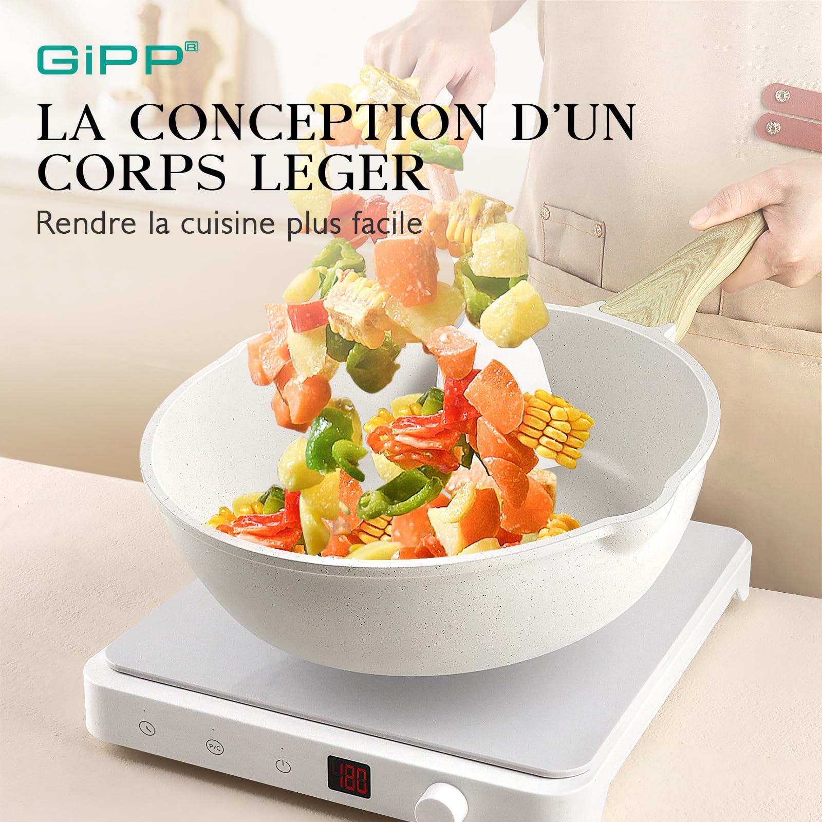 GiPP Set de Poêles et Casseroles avec Revêtement Céramique Antiadhésif - 21 Pièces Induction Lot de Poele avec Spatule + Cuillère, Sans Toxiques, Convient à Différents Types de Cuisinières | Grande capacité, sauter dans la poêle, sauter, braiser, frire, l