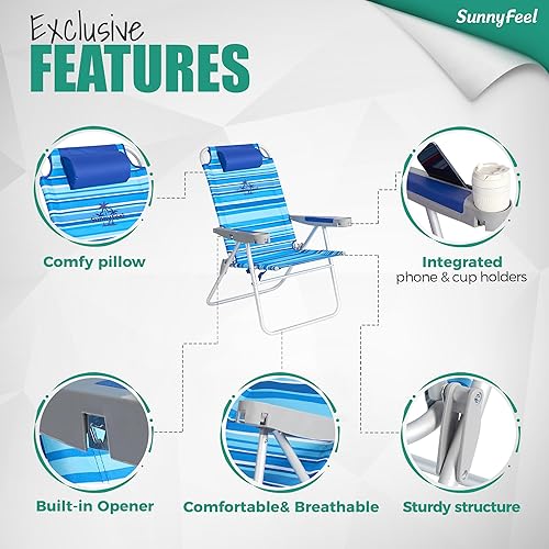 Miniatura 6 de SUNNYFEEL Silla de playa plegable alta, ligera, silla de arena portátil para adultos, resistente 500 libras con portavasos, sillas de césped
