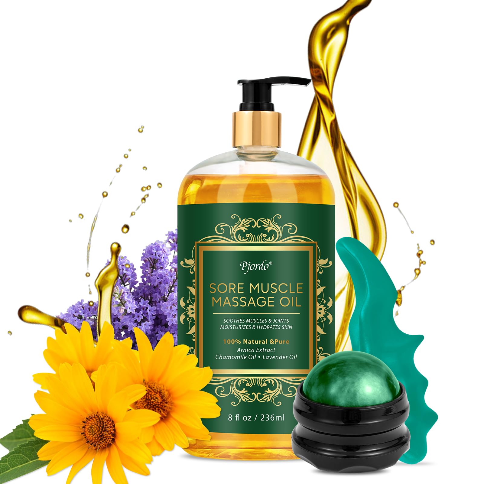 Sore Muscle Massage Oil for Massage Therapy, with Massage Roller Ball & Thumb Saver Massager, Body Massage Oil for Relaxing Joints & Muscles with Arnica, Valentines Day Gifts for Her Him