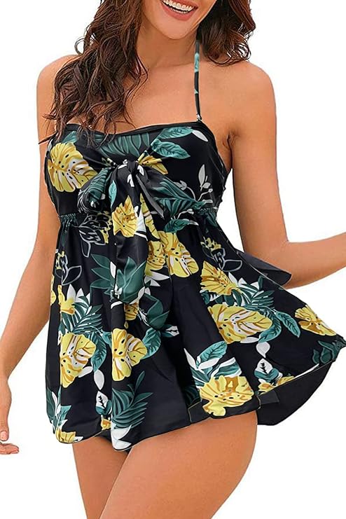 Tankini Swimsuits for Women Two Piece Swimsuit Set Printed Ruffles Swimsuit with Halter Push Up Top and Panties for Pool