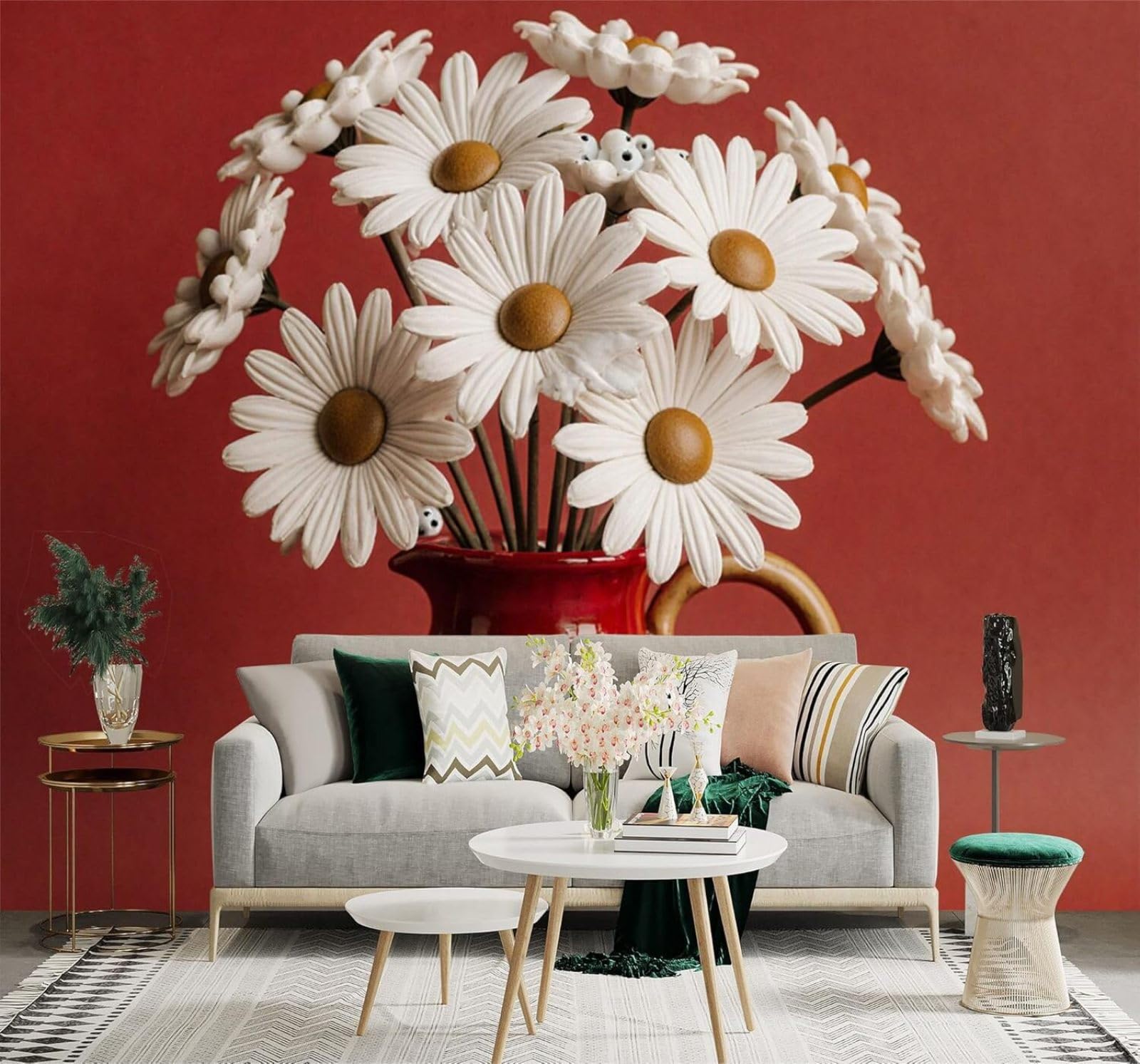 Xlming 200Cm×140Cm(B×H) Minimalist Three Dimensional Red Ceramic Vase With White Flowers 3D Wallpaper Silky Texture Home Study Office Grey Dining Room Sofa Bedroom Living Room Tv Backdrop-200Cm×140Cm