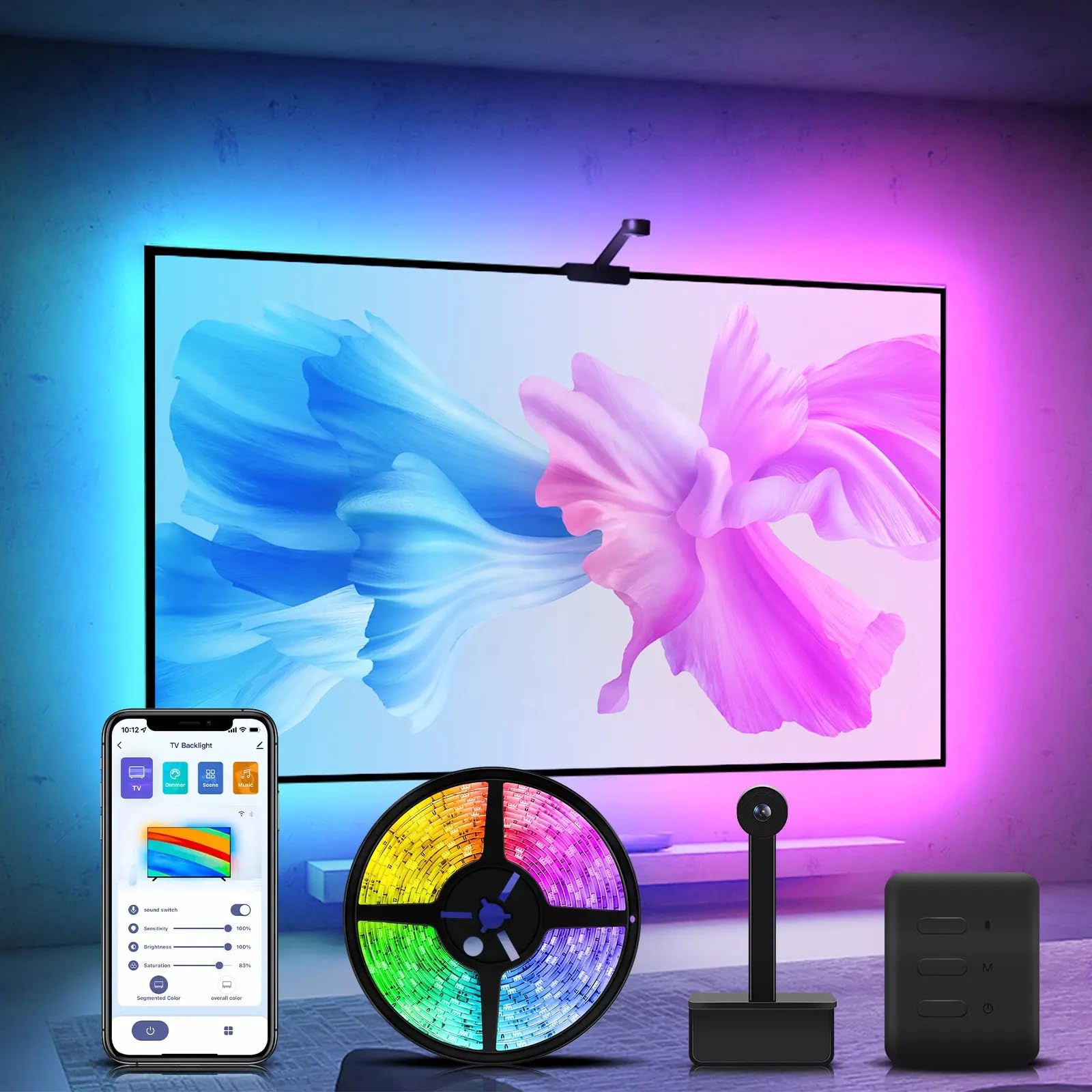 SPACE DOG Retroilluminazione TV LED Smart con fotocamera, sincronizzazione per TV da 140-165 cm, lunghezza 3,8 m, striscia LED TV Wi-Fi RGBICW, controllo vocale e app (3,8 m (per TV da 140-165 cm))