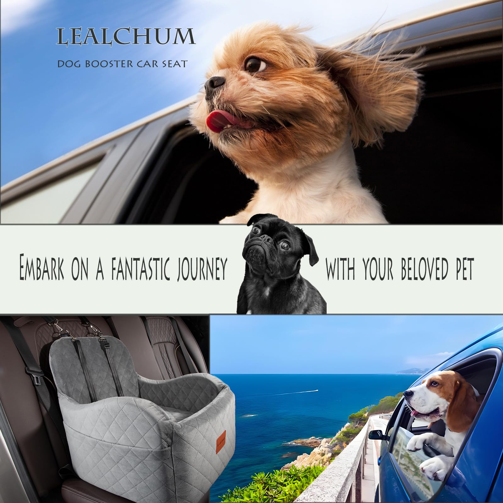 Lealchum Dog Booster Car Seat for Small/Medium Dogs Up to 35lbs,Ultra Soft Fabric Covered,6in Elevated Cushion,Fully Detachable and Washable,3 Straps & 2 Pockets,Easy to Install(Grey,Medium) - image 6