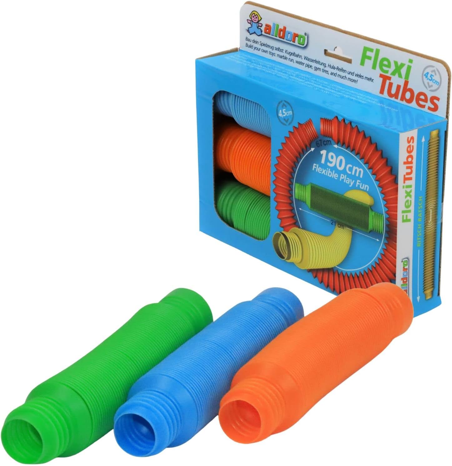 alldoro 60331 Flexi Pop Tubes, Sensory Toy, Extendable Length Tubes 21-67 cm, 4.5 cm Diameter, Pack of 3, Multicoloured