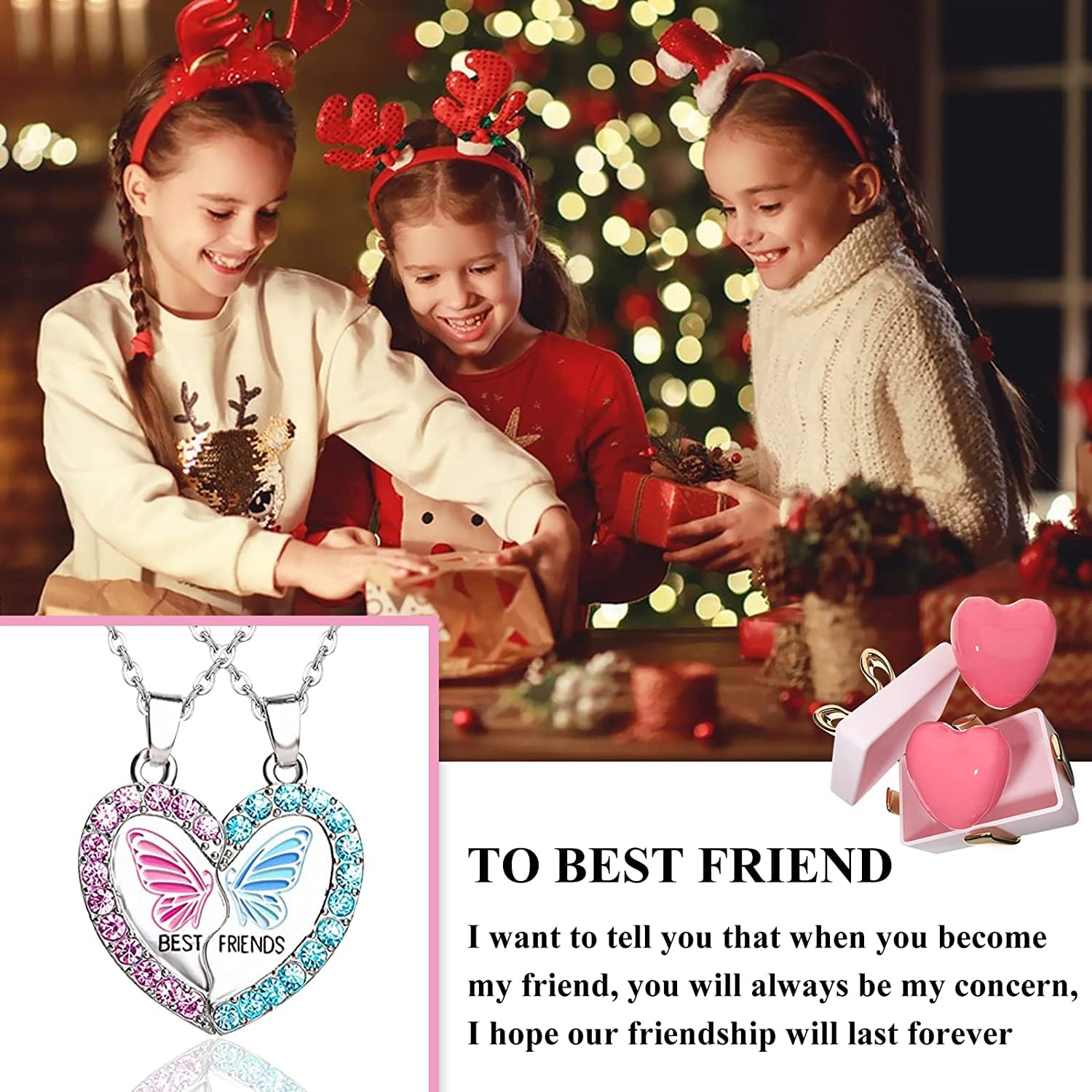 2 Pcs Bff Forever Split Magnetic Pendant Necklaces- Pink & Butterfly