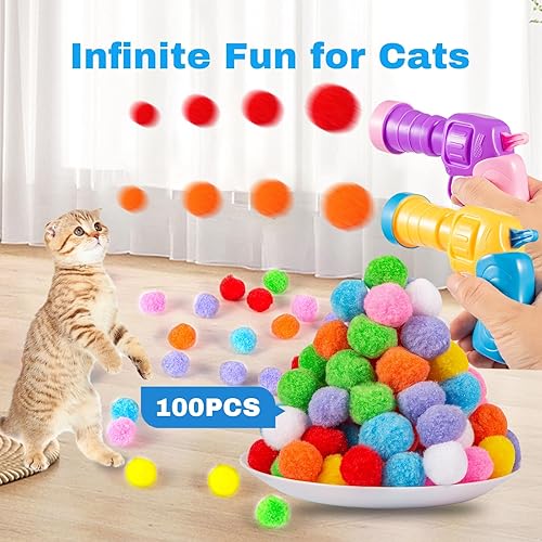 Miniatura 5 de Lanzador de pistola de juguete para gatos, 2 lanzadores de bolas para gatos + 106 bolas de juguete para gatos, disparador de pistola de juguete para