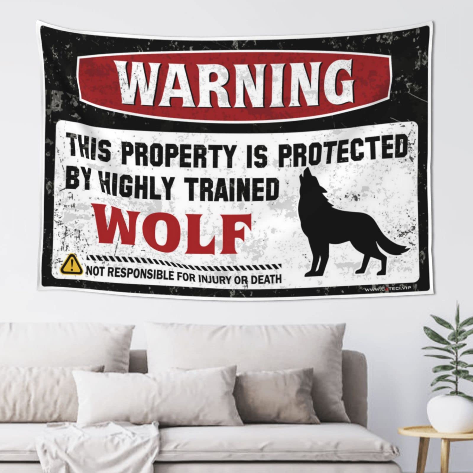 Pravoxi Men's One Color Sports Bar Decor Warning This Property Is Protected By A Highly Trained Wolf Tapestry Sports Bar Decor Tapestrys(100X150cm)