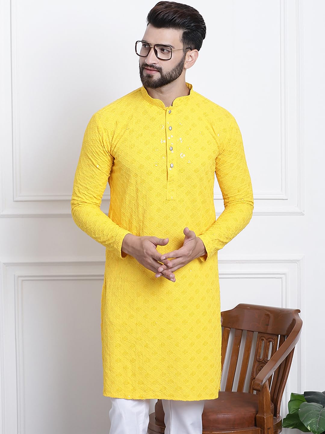 Sojanya (Since 1958 Men's Pure Cotton Yellow Sequence Only Long Kurta