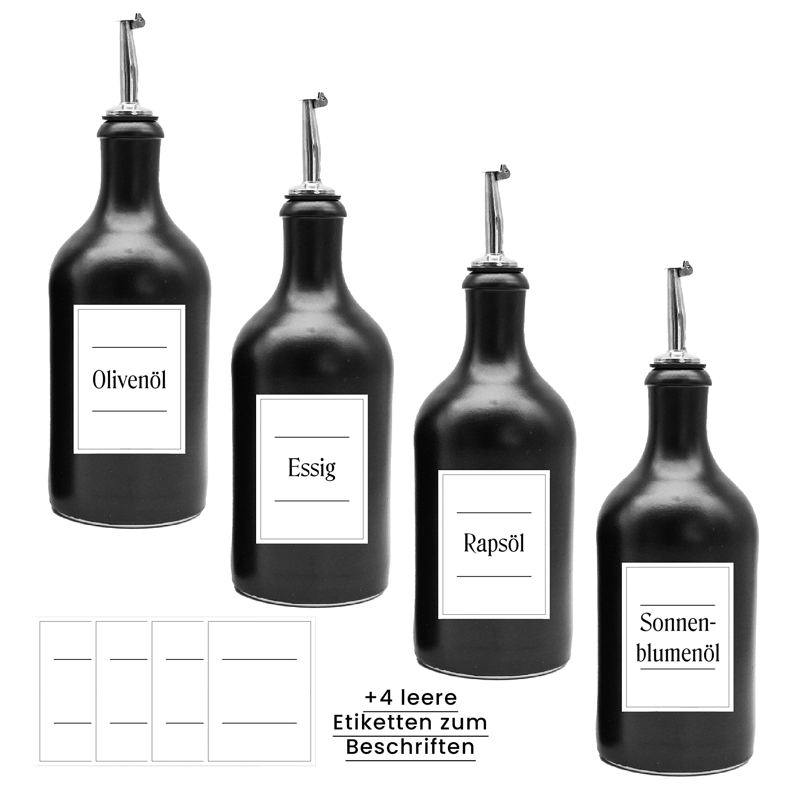Ölflaschen-Set aus Keramik - mit Edelstahl-Ausgießer und Holzkorken wasserfeste Etiketten - 500ml - ideal zum Verschenken - Made in Germany (4er Set)