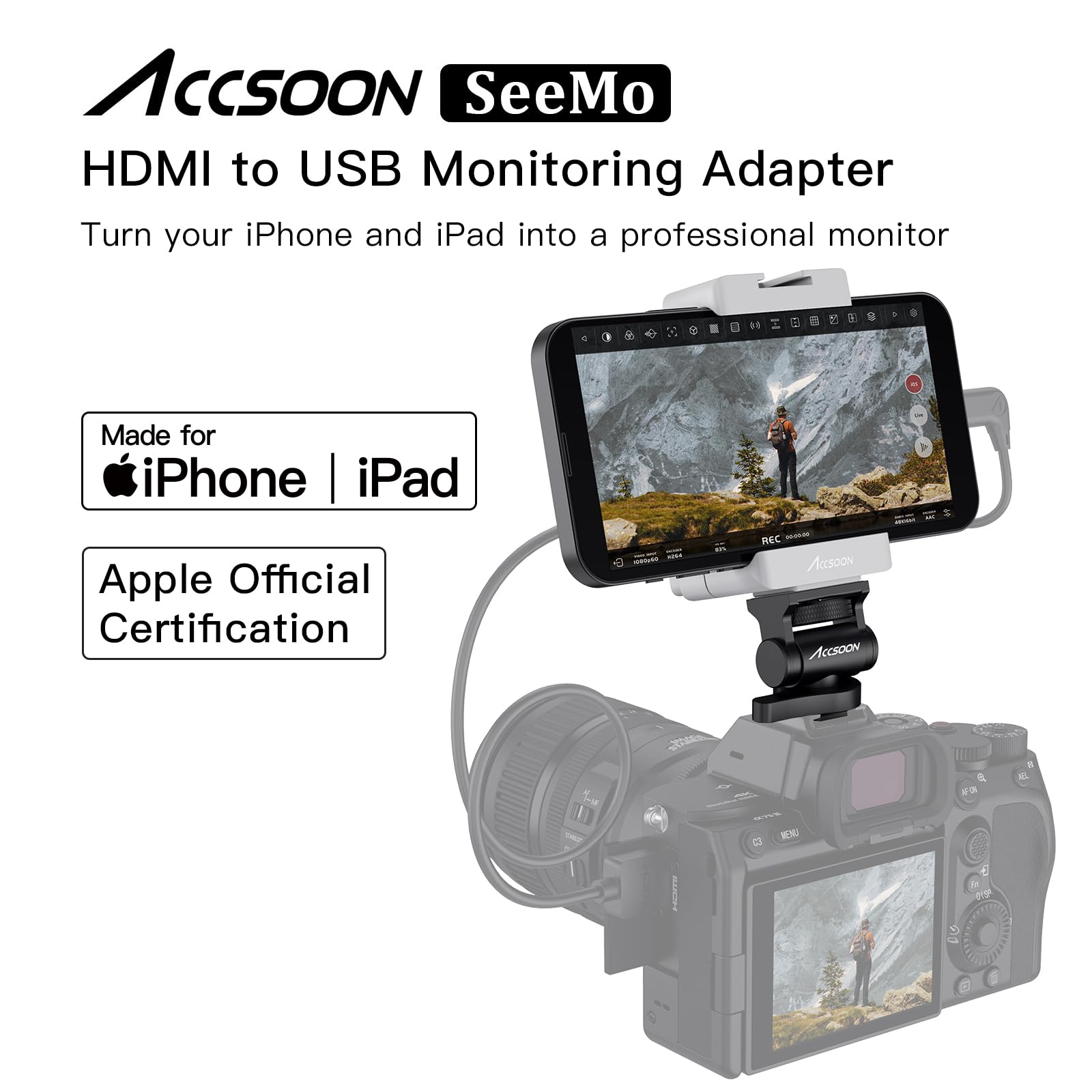 Accsoon SeeMo HDMI-USB モニタリングアダプター Accsoon SeeMo HDMI to USB Monitoring Adapter for iPhone/iPad, FHD