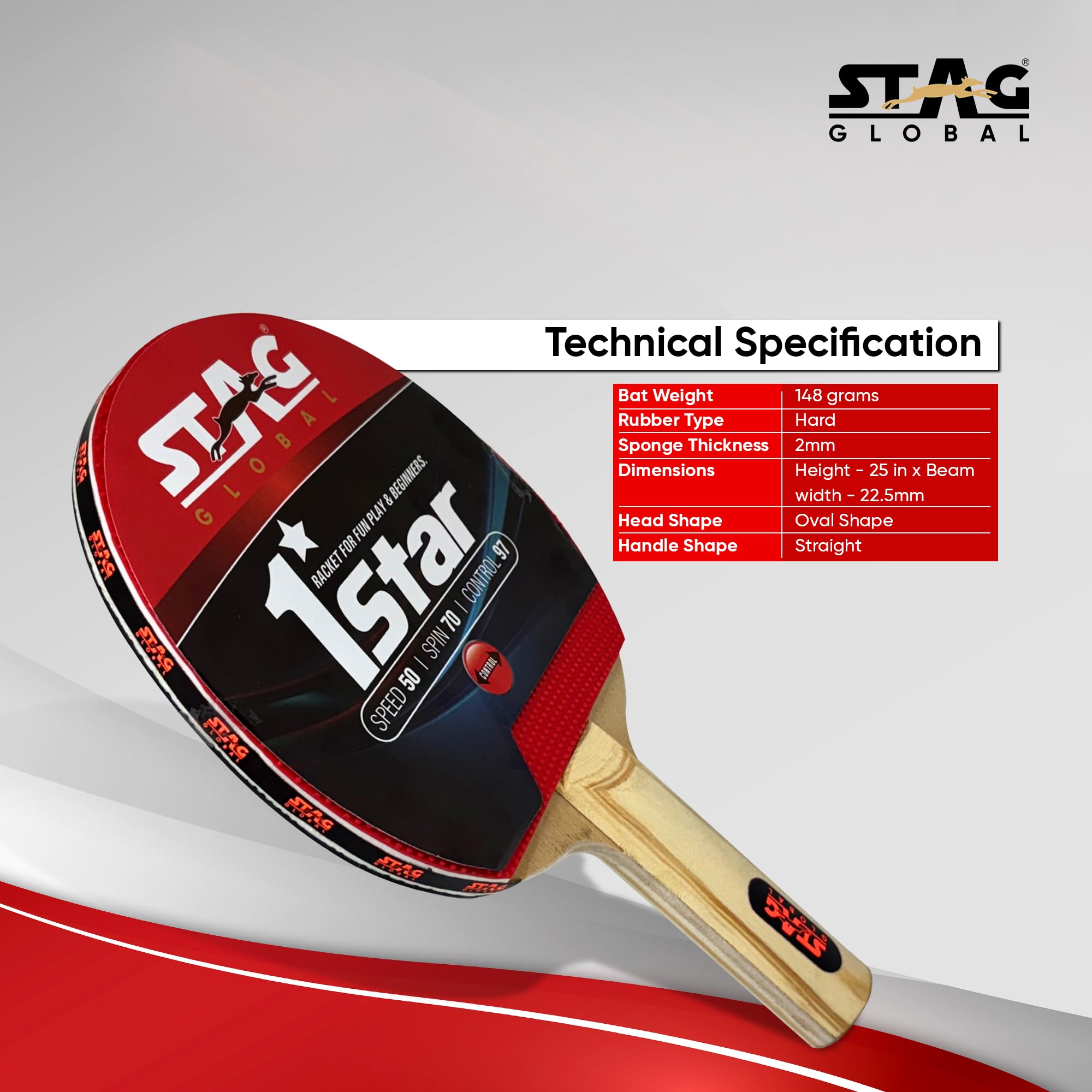 STAG GLOBAL 1 Star Anywhere Everywhere Play Set | TTFI Approved | Speed 50, Spin 70, Control 97 | Straight Grip Racket Set for Beginners, Hobby | Included 2 Rackets, 3 Balls, 1 Net and Cover 3