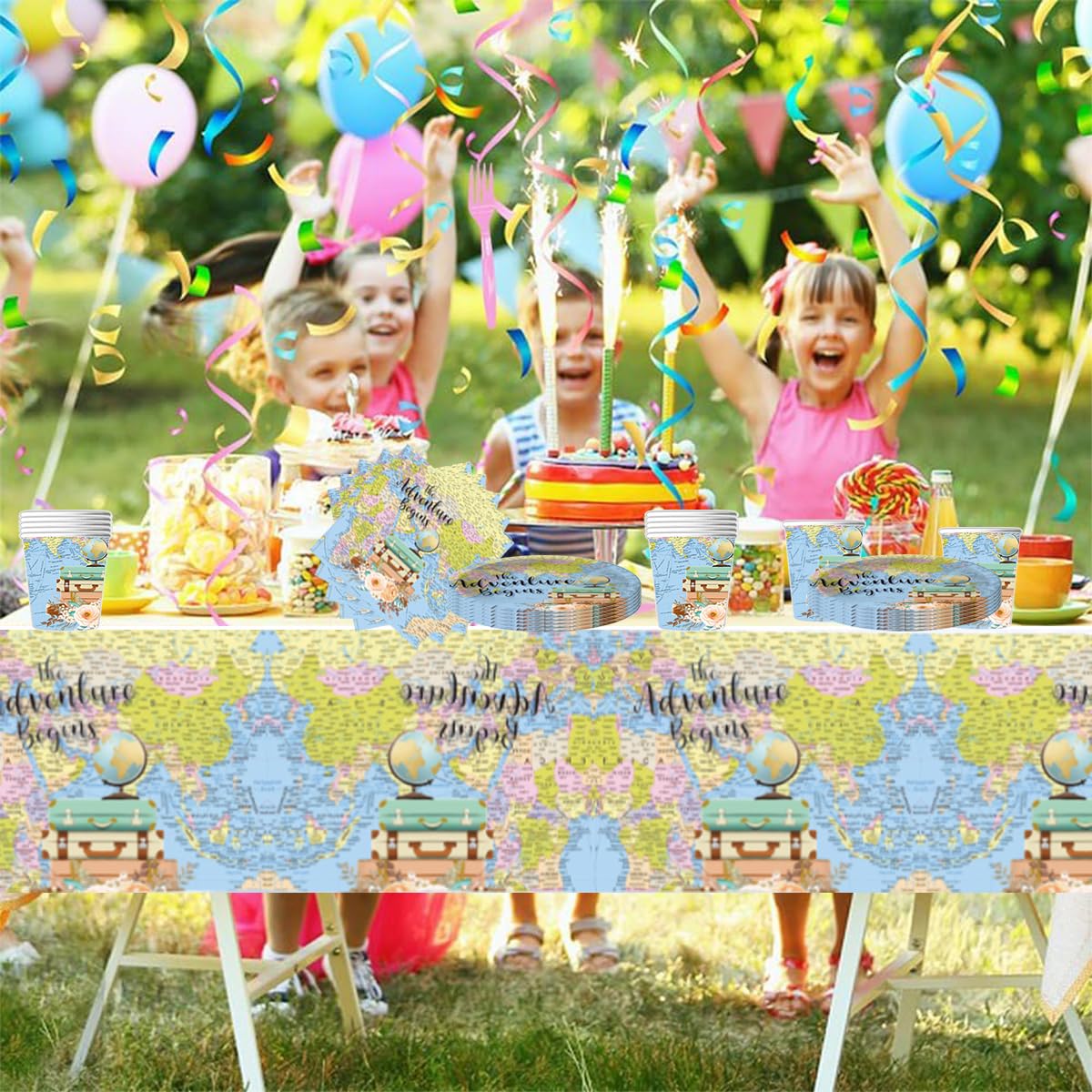 Viaggi Stoviglie per feste, 61 pezzi Esploratore Stoviglie per compleanni per bambini, Mappa del mondo Set di piatti di carta per feste, Compresi bicchieri, tovaglioli e tovaglie