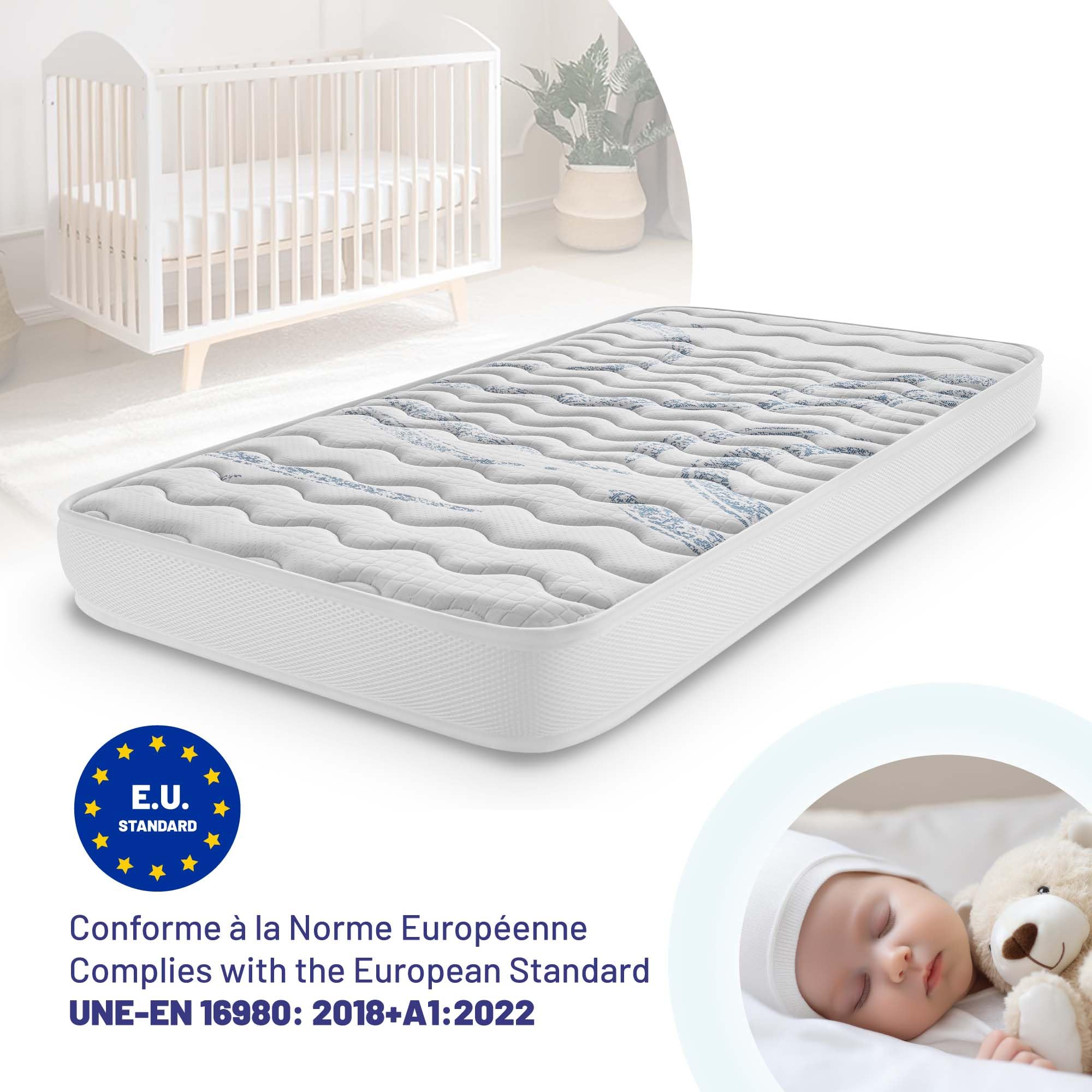 NATURALEX - Matelas Bébé 60x120 cm - Accueil Mousse HR - Respirant - Réversible - Hypoallergénique - Certifié Oeko Tex - Conception Française - modèle Baby Confort Perfect Sleep - Épaisseur 12 cm