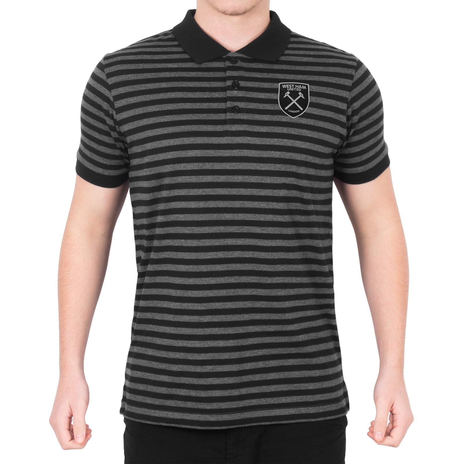 West Ham United FC Official Gift Mens Striped Polo Shirt Black Grey Marl Large