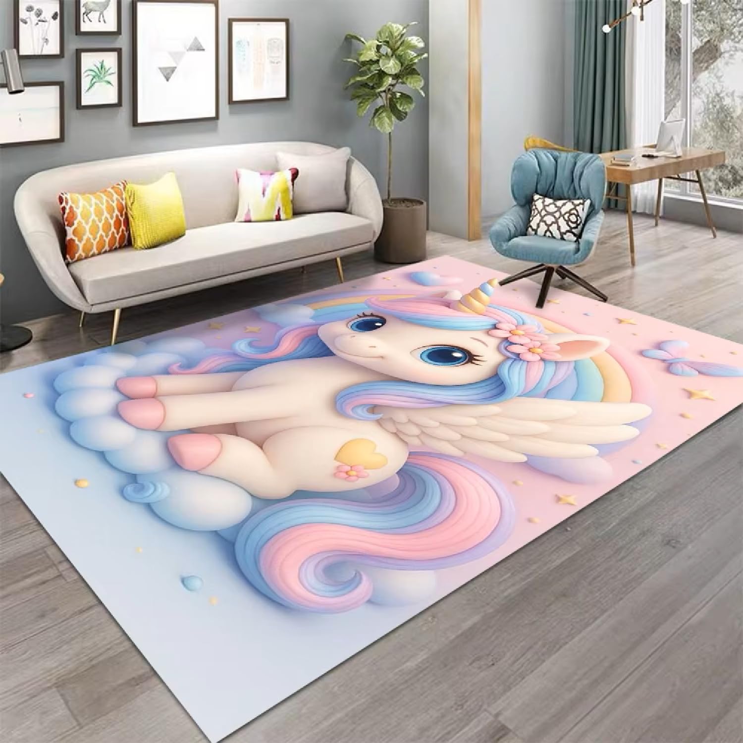 Tapis Licorne Chambre Fille, Motif Licorne Rose, Imprimé 3D, en Flanelle Douce, Lavable Et Antidérapant, Idéal pour Décorer Une Chambre d'enfant. (Couleur 6,160x230cm)