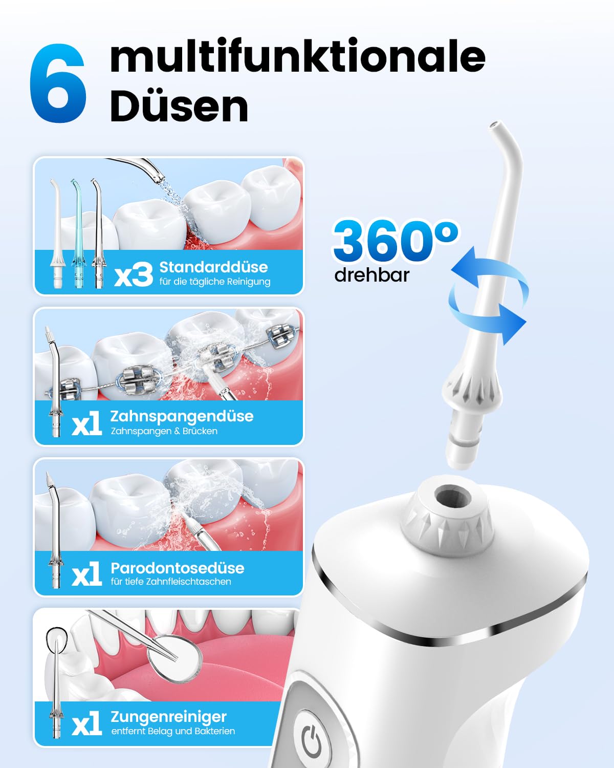 JTF Jet Dentaire Hydropulseur Oral - 300 ML Sans Fil Irrigateur, 3+1 Modes, Étanche IPX7 Water Flosser, Idéal pour Orthodontie, Appareil Dentaire, Gencives Sensibles Maison et Les Voyages(Blanc) - 5