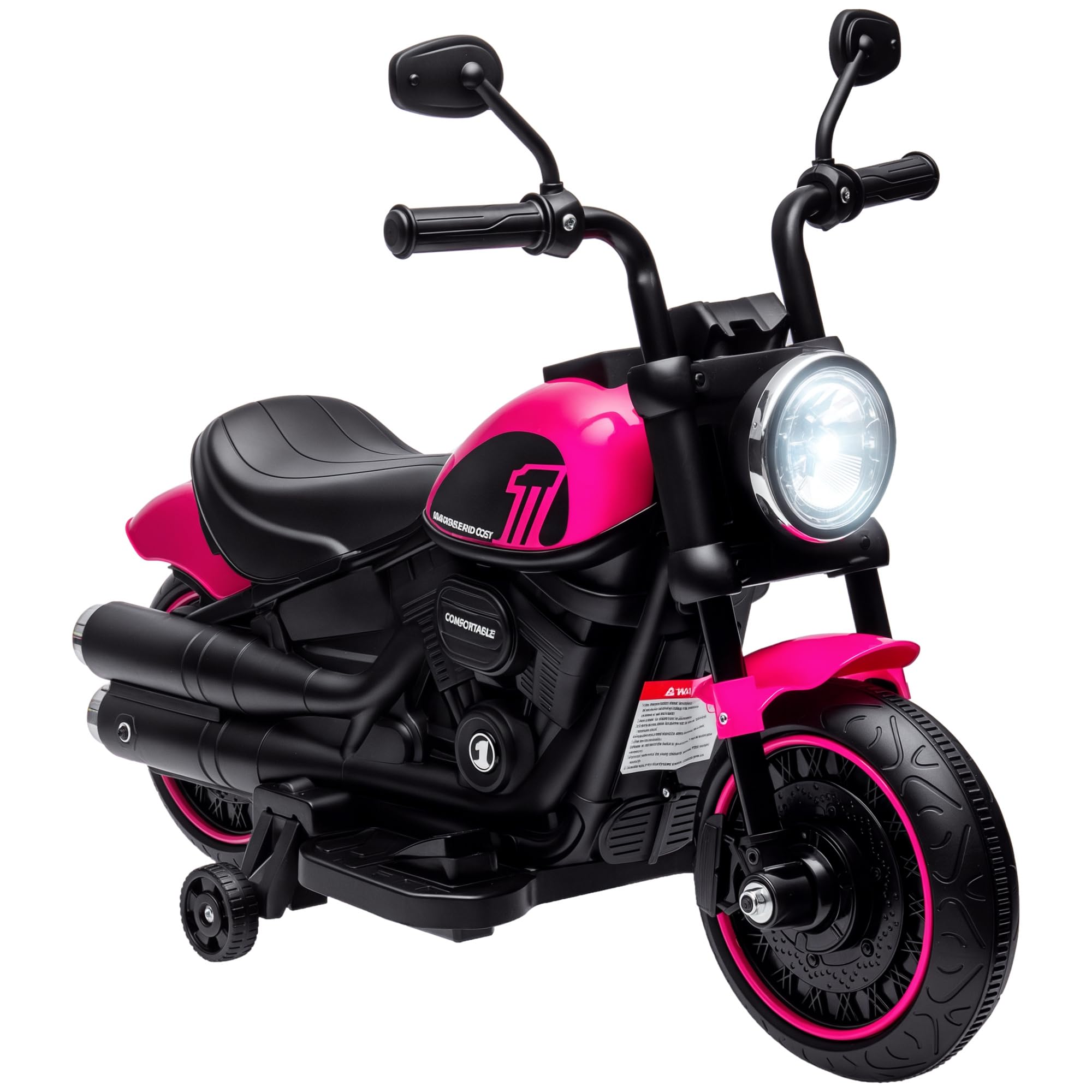 Aosom Kids Motorcycle with Training Wheels, 6V Ride-on Toy for Toddler Ages 18-48 Months, Battery-Operated Motorbike for Kids with Single-Button Start, Headlight, Pink