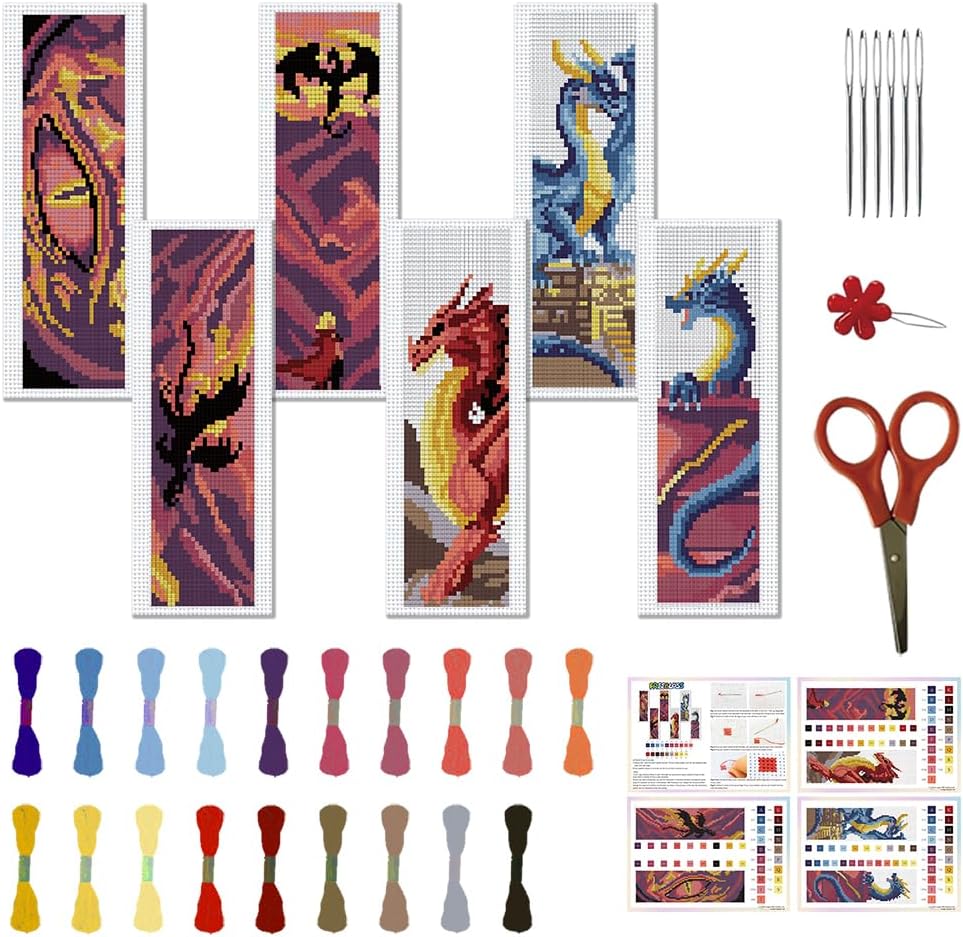 FREEBLOSS 6 Set Cross Stitch Bookmark Stamped Cross Stitch Kit with 6 Different Dragon Patterns Embroidery Kit with Instruction DIY Bookmark Kit for Gift Adults 8''x2.4''
