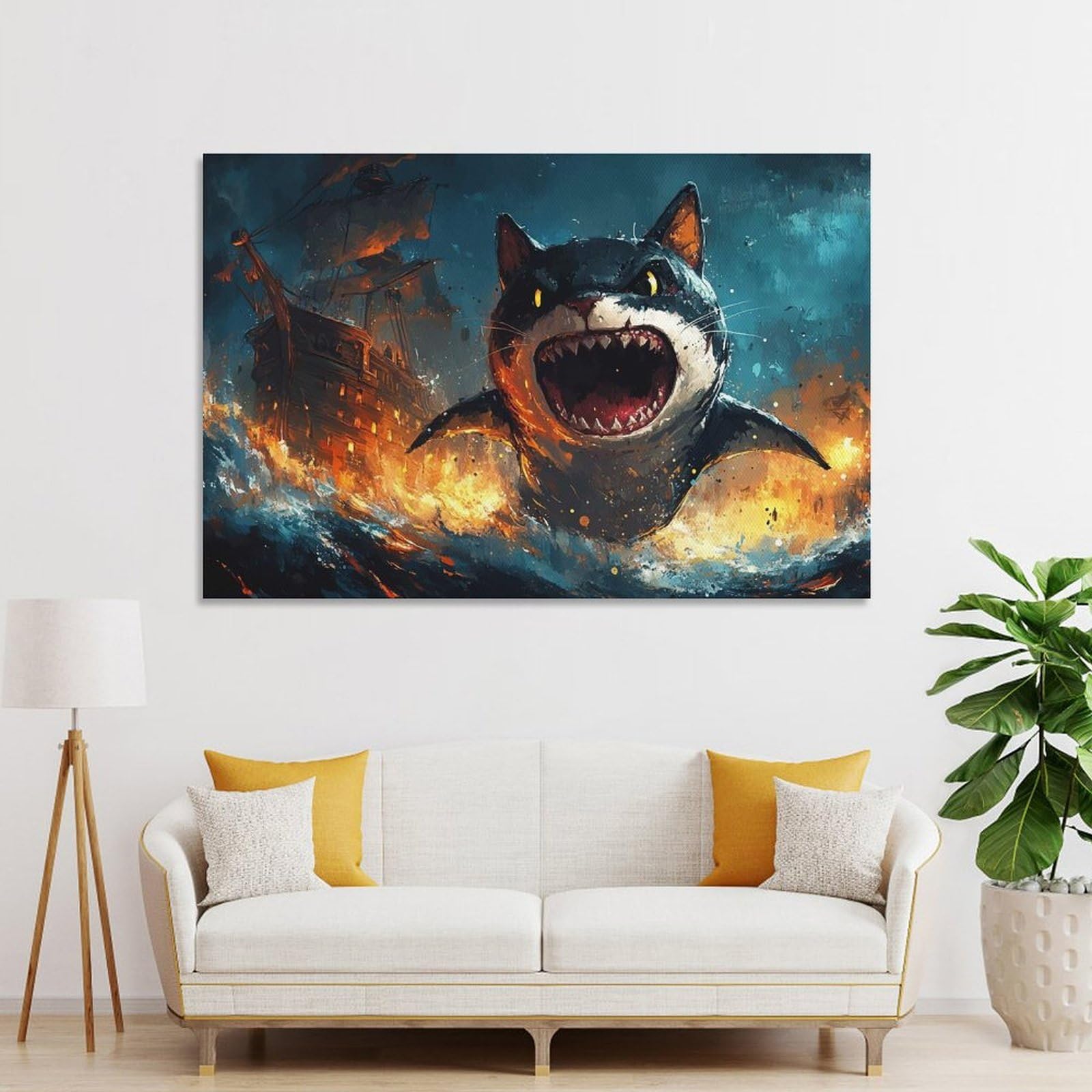 Junmoney Cat Shark Attack Wall Decor Canvas Print, 12x18inch(30x45cm), for Hallway, Lounge Or Guest Room, Decorative Present for New Homes