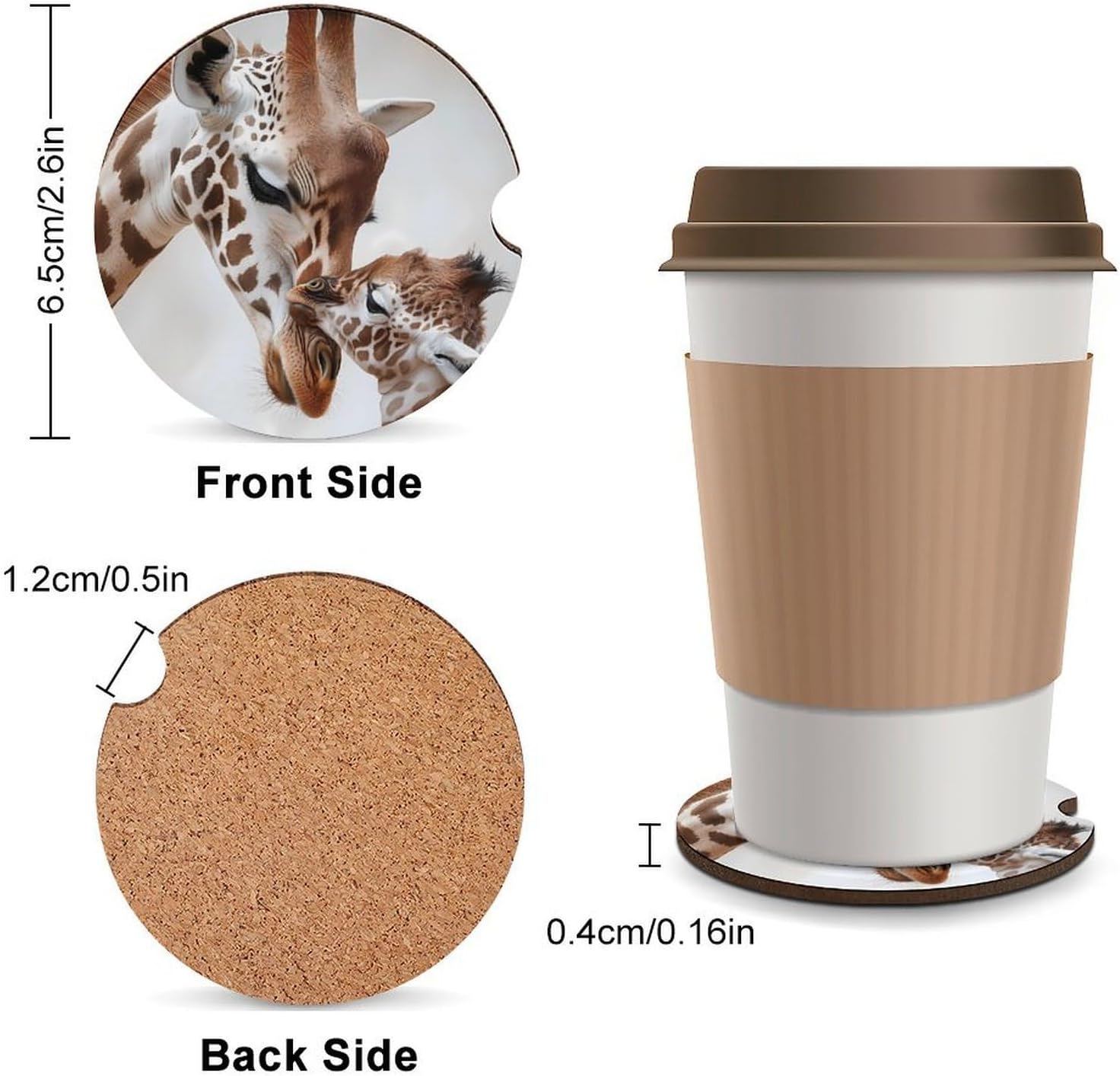 Giraffe Mama Love Little Cute Car Coasters 2.56 Inch Absorbent Cup Holder for Drinks Auto Interior Accessories