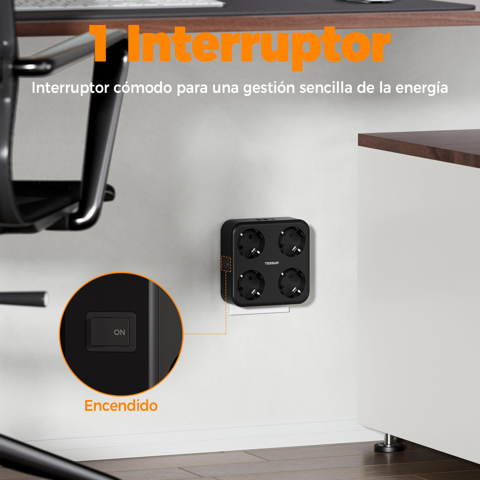 TESSAN 7-in-1 Stopcontact met 4 Stopcontacten, USB-C en 2 USB-A, 4000W Opbouw Stroomverdeler met Schakelaar voor Huis en Kantoor, Zwart