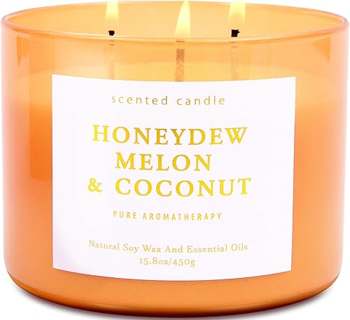 Honeydew - Vela perfumada de melón y coco  Velas de soja grandes de 3 mechas para el hogar de 15.8 onzas  Vela de verano fresca y tropical frutal,