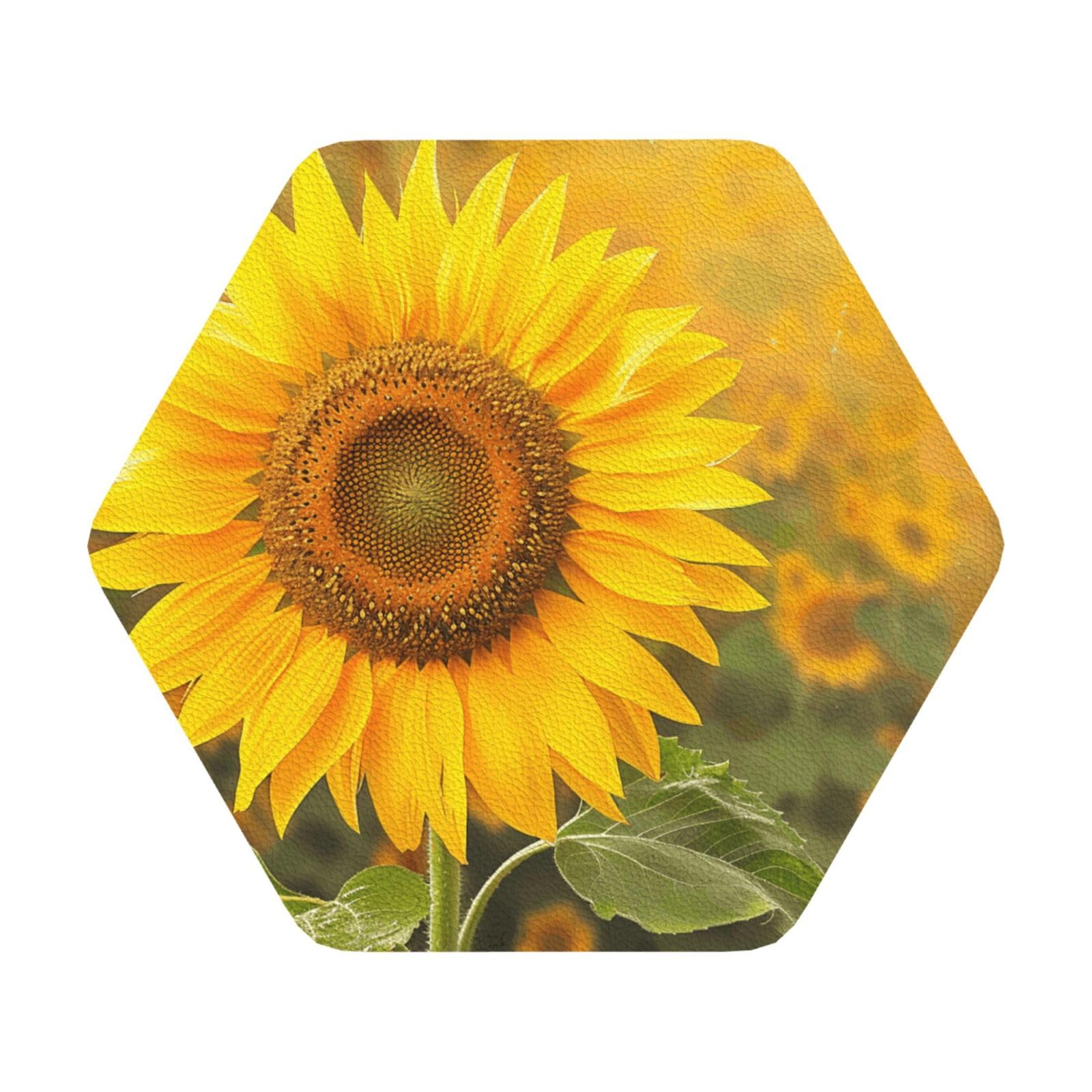 Sunflower Print Leather Coaster Set of 6, Hexagon Coasters Table Decorative Coffee Cup Beverage Coasters Wine Beer Bar Coasters for Hot Drinks Table Protection