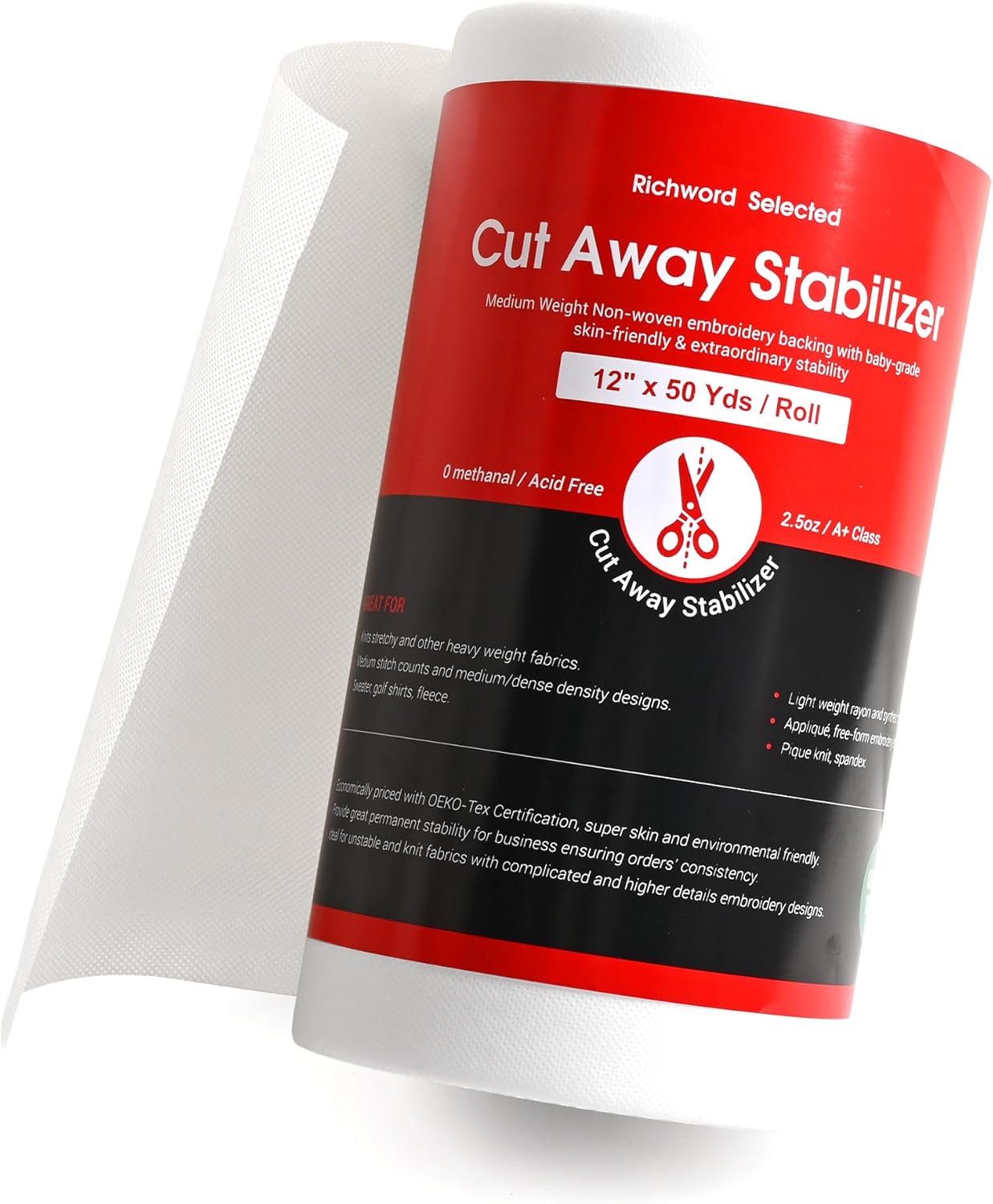 Poolin Embroidery Stabilizer Richword Selected Cut Away Backing for Knits, 2.5 oz Medium Weight, Anti-Pucker Permanent Support, 12" x 50 Yards Roll for Hoodies, Fleece & Babywear