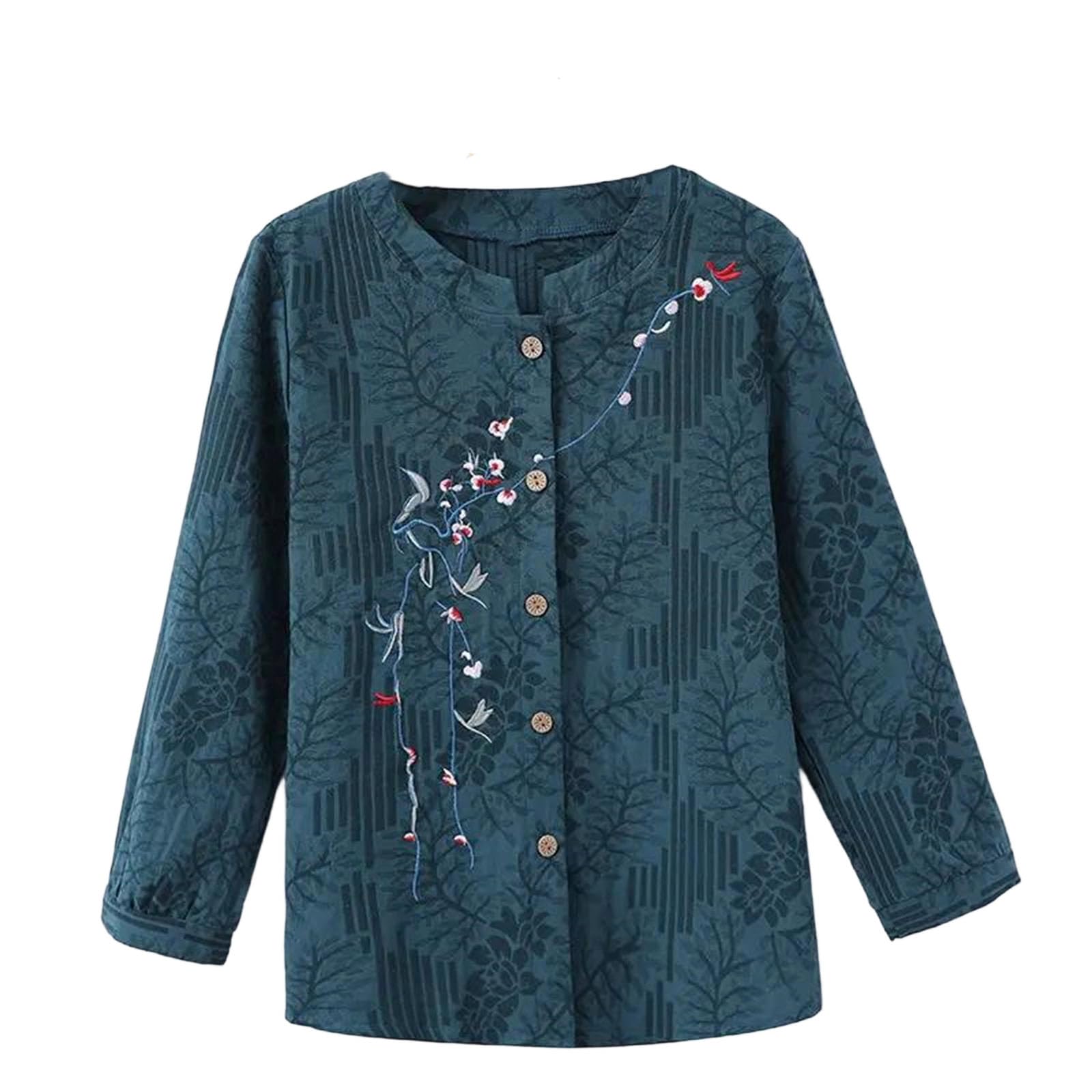 Women Floral Embroidered Button Front Knit Cardigan Chinese Style Top for Middle Aged and Elderly Casual Jacket