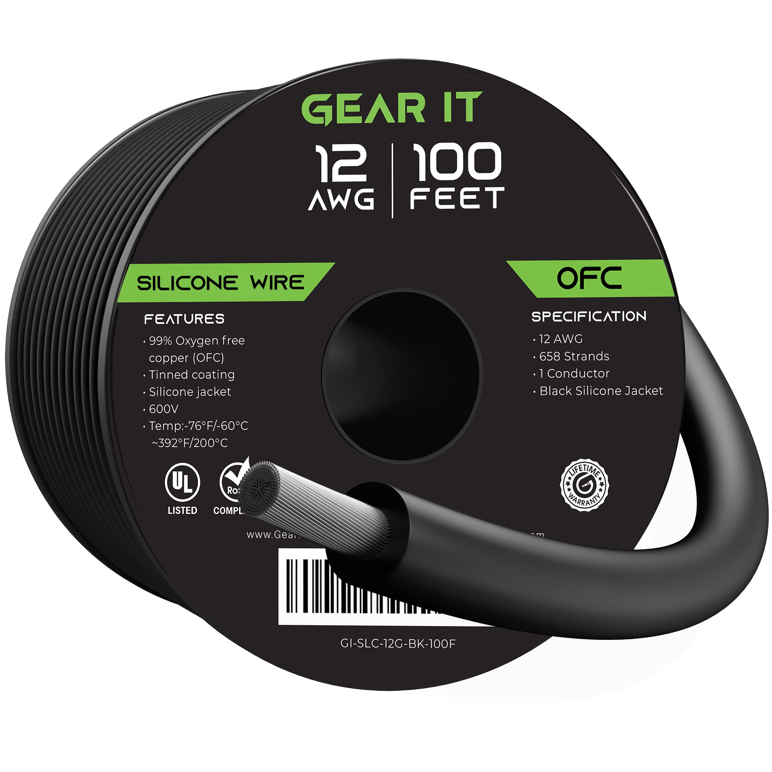 GearIT 12 Gauge Silicone Wire 600V (Black - 100 Feet) 12AWG Tinned OFC Oxygen Free Copper Stranded Soft Flexible Wires for Primary, Electrical, Car/Auto, Trailer, Amp - 12ga 100ft