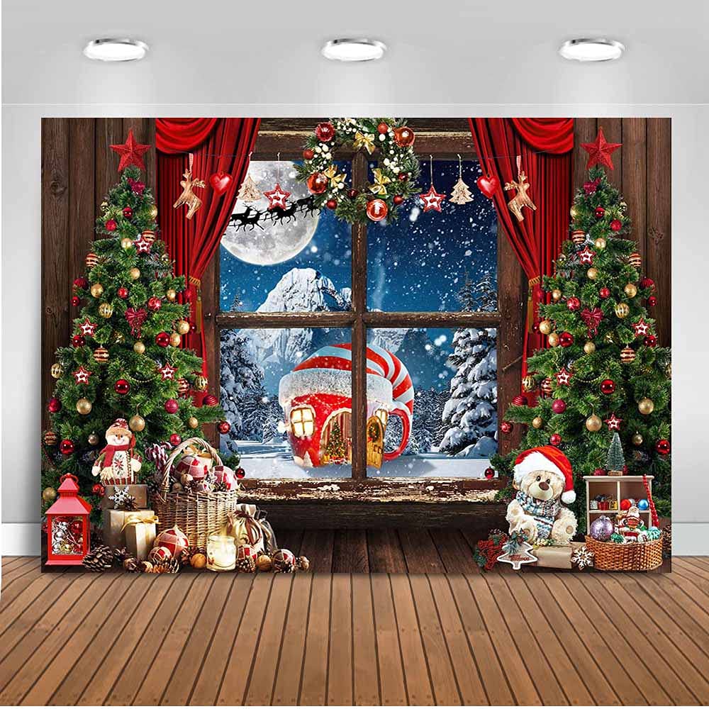 Mocsicka Christmas Theme Backdrop Rustic Wood Window Christmas Tree Full Moon Snow Mountain Winter Christmas Party Decoration Christmas Hat Teddy Bear Photo Background (6x4ft)