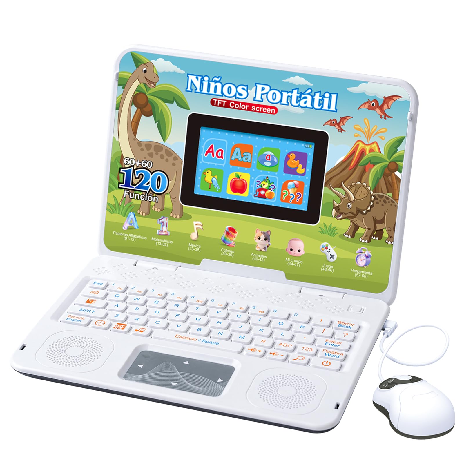 Ordenador Infantil Bilingüe Pantalla Color Dinosaurio 5 Años | Portátil Educativo 120 Modos Matemáticas Lógica Letras Vocabulario Música Con Ratón Español Inglés