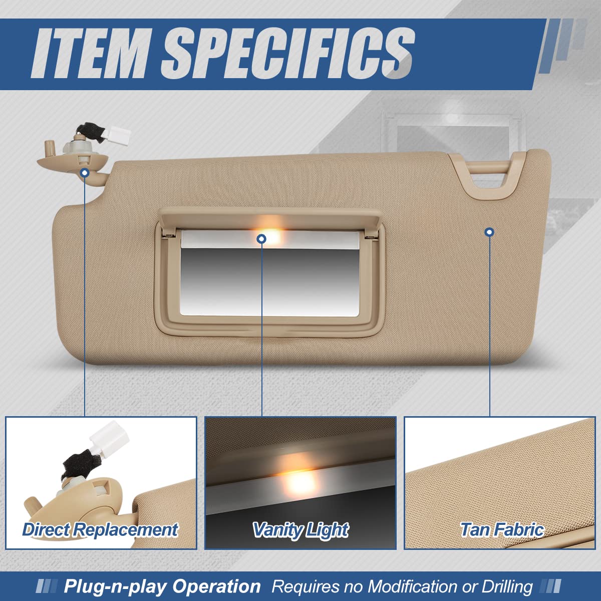 Auto Dynasty Factory Style Sun Visor Sunshade with Mirror and Vanity Light Compatible with Honda Accord 08-12, Driver Left Side, Tan