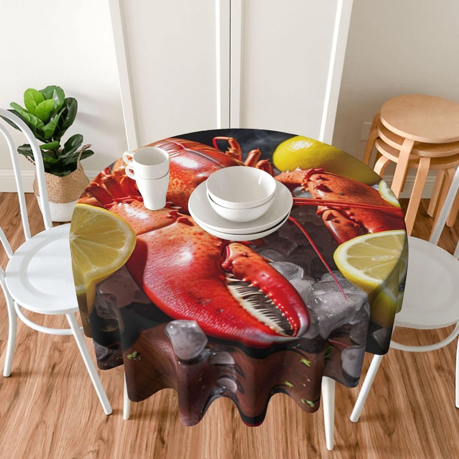 Lobster Lemon Print Wrinkle Free Dining Table Cover for Birthday Party Farmhouse Tablecloths Up to 60 x 60 Inches