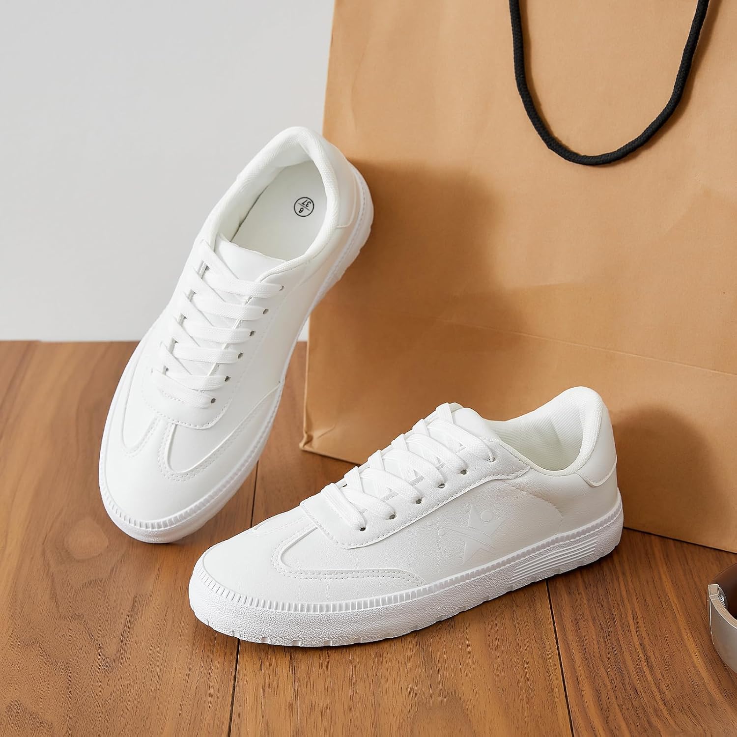 Rominz Women's White Tennis Shoes Fashion PU Leather Sneakers Lightweight Casual Walking Shoes for Unisex - Image 2