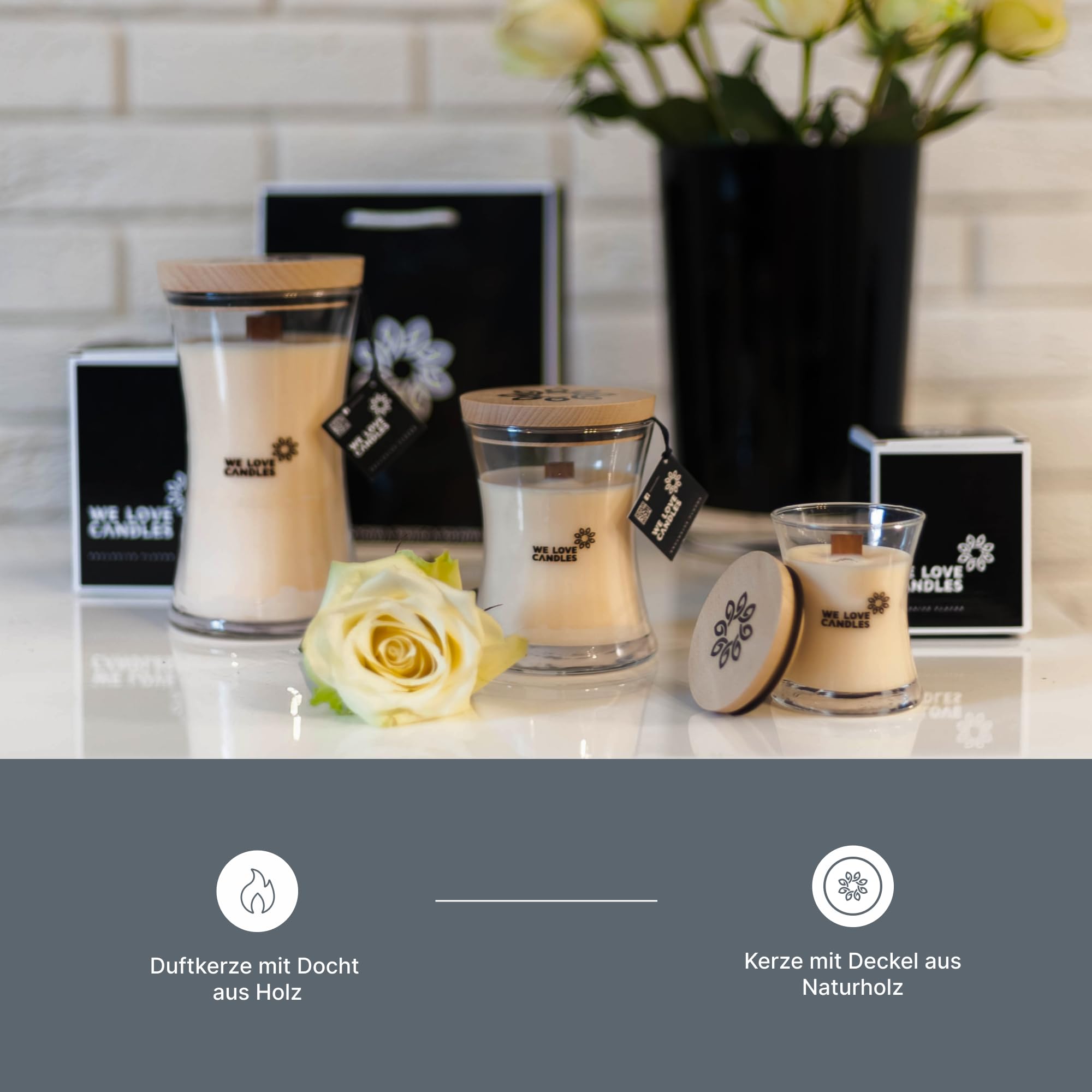 WE LOVE CANDLES Kerze mit Holzdocht - Duftkerzen im Glas mit Deckel - Holzdocht Kerze - Duftkerze Groß - Soja Wachs - Kerze Deko - Kerze im Glas - Duftkerze XXL - Scented Candles 700 g min. 150 St