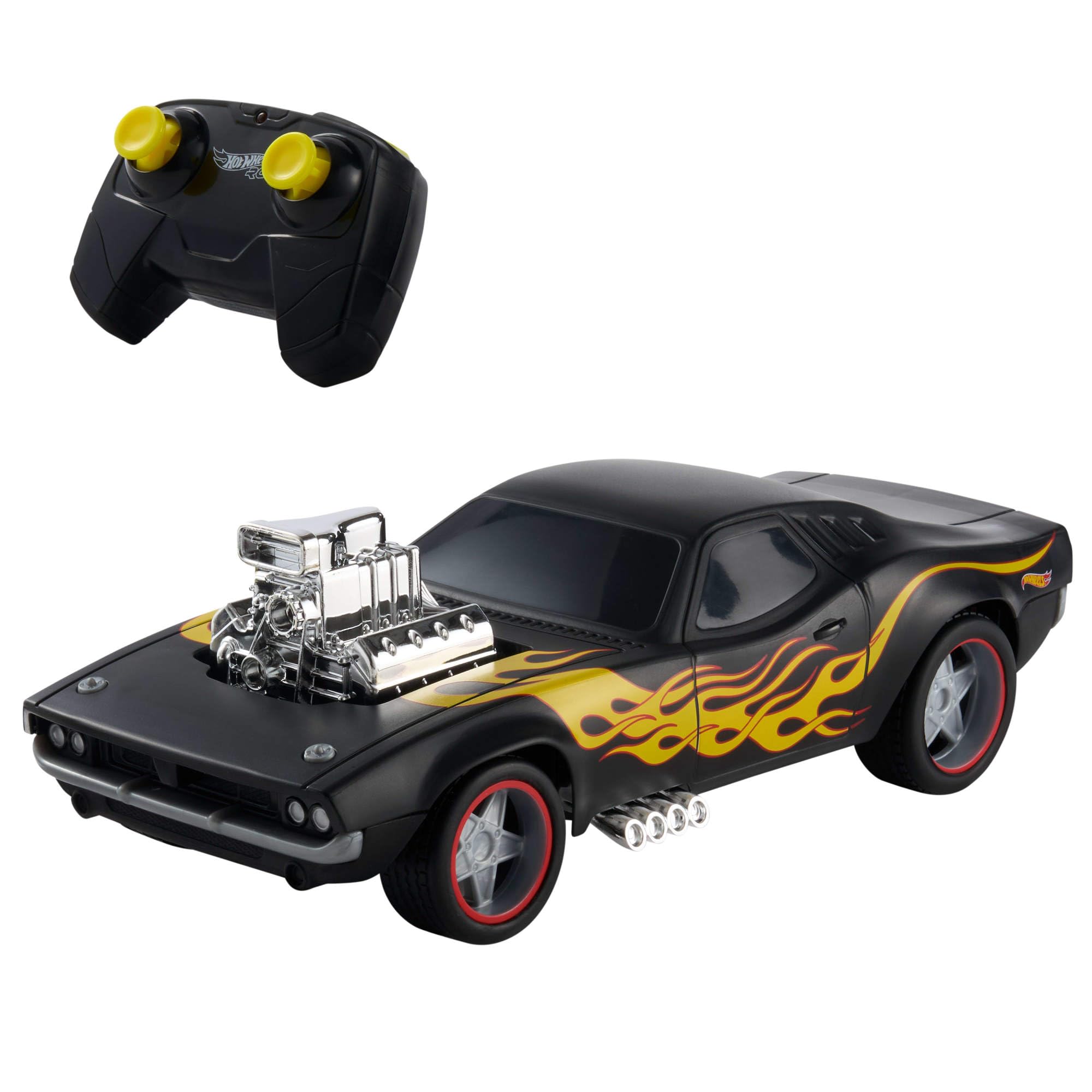Hot Wheels Toy Car, 1:16 Scale Remote-Control Rodger Dodger, Black Vehicle with Yellow/Red Flames & Silver-Colored Wheels with Redline Rims​​, JNB89