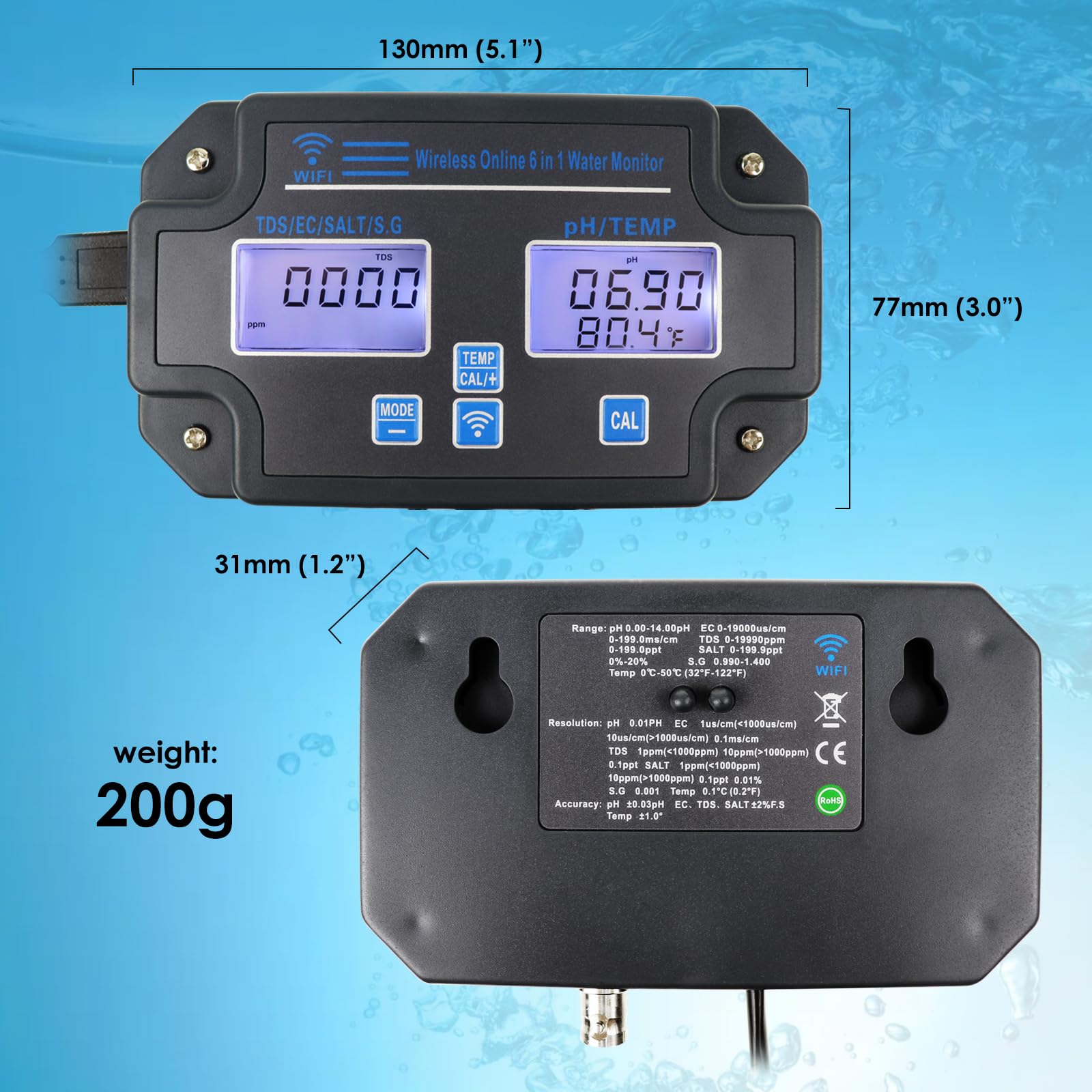 6 in 1 Multiparameter pH-Tester: pH/EC/TDS/Salz/SG/Temperatur mit Drahtloses WLAN Überwachung über Mobile APP Einfach 3-Punkte-Kalibrierung für Fischteiche, Aquarien, Hydrokulturen