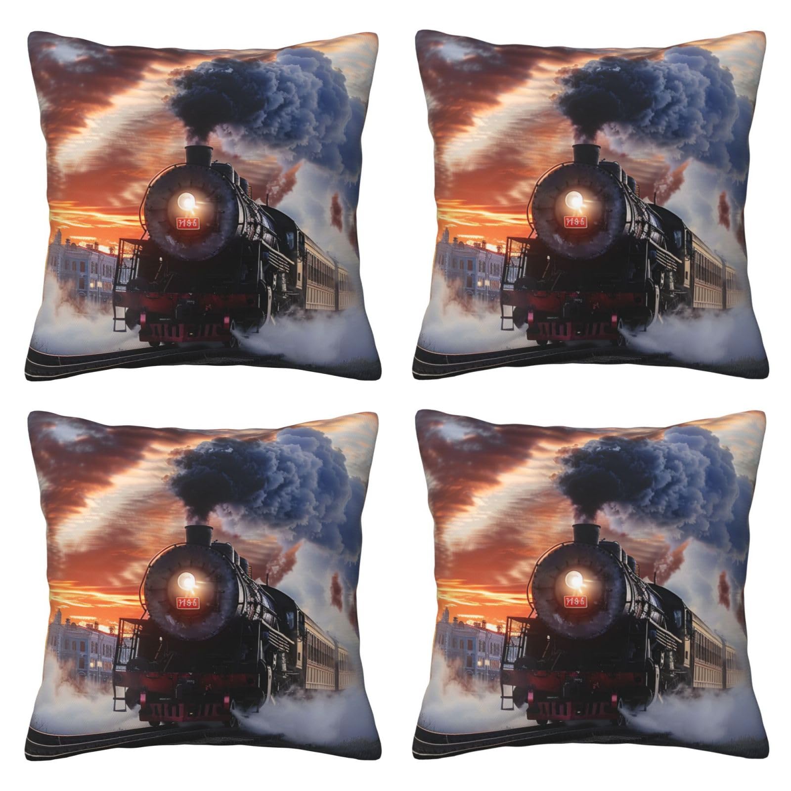 Steam Train Depart Sunset Throw Pillow Cases 4 Pack Square Pillowcases Super Soft Pillow Protectors With Zipper for Couch Livingroom Sofa Bed Office Car,50x50 CM