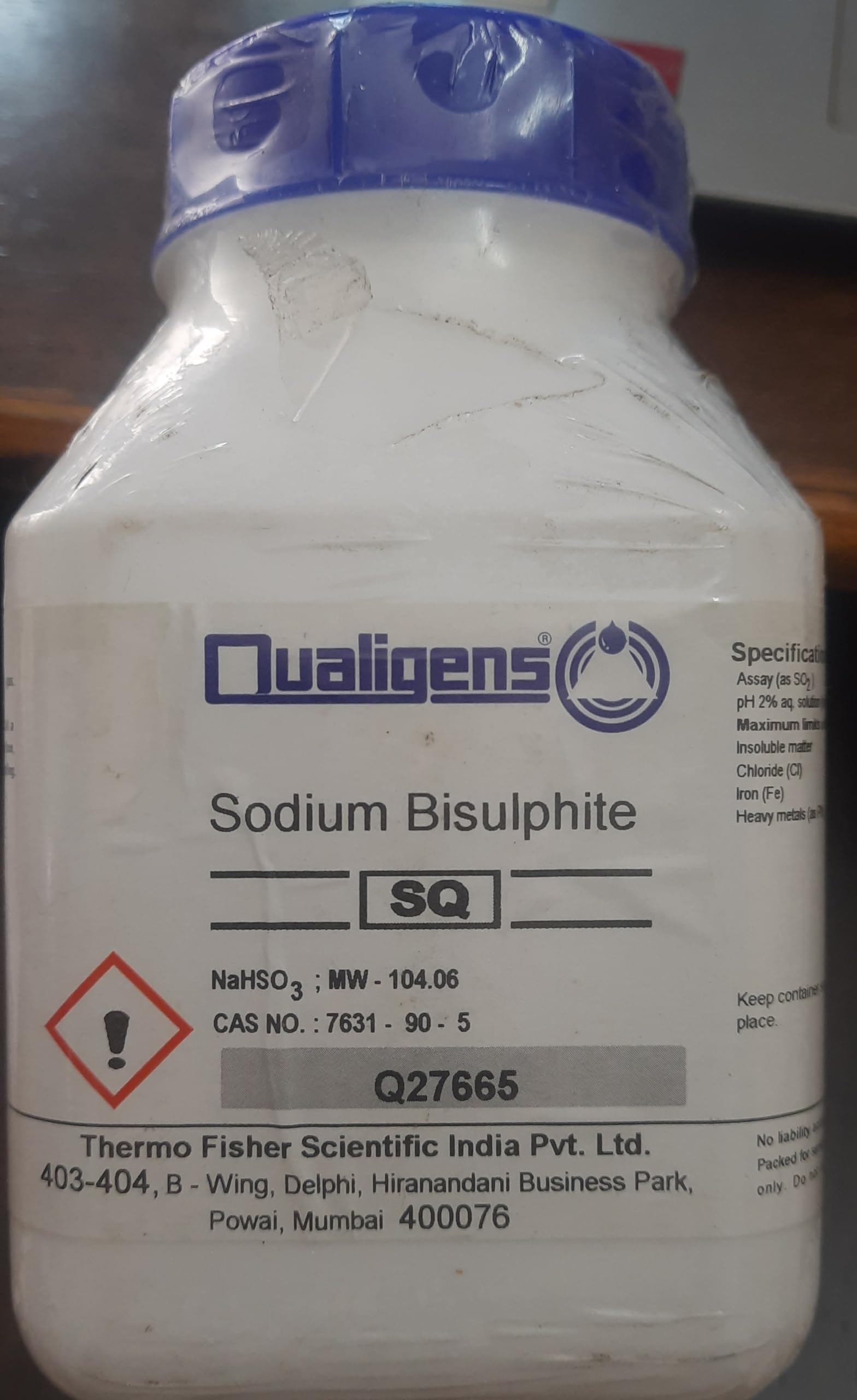 SODIUM BISULPHITE, NaHSO3, 500 GM, QUALIGENS SQ GRADE
