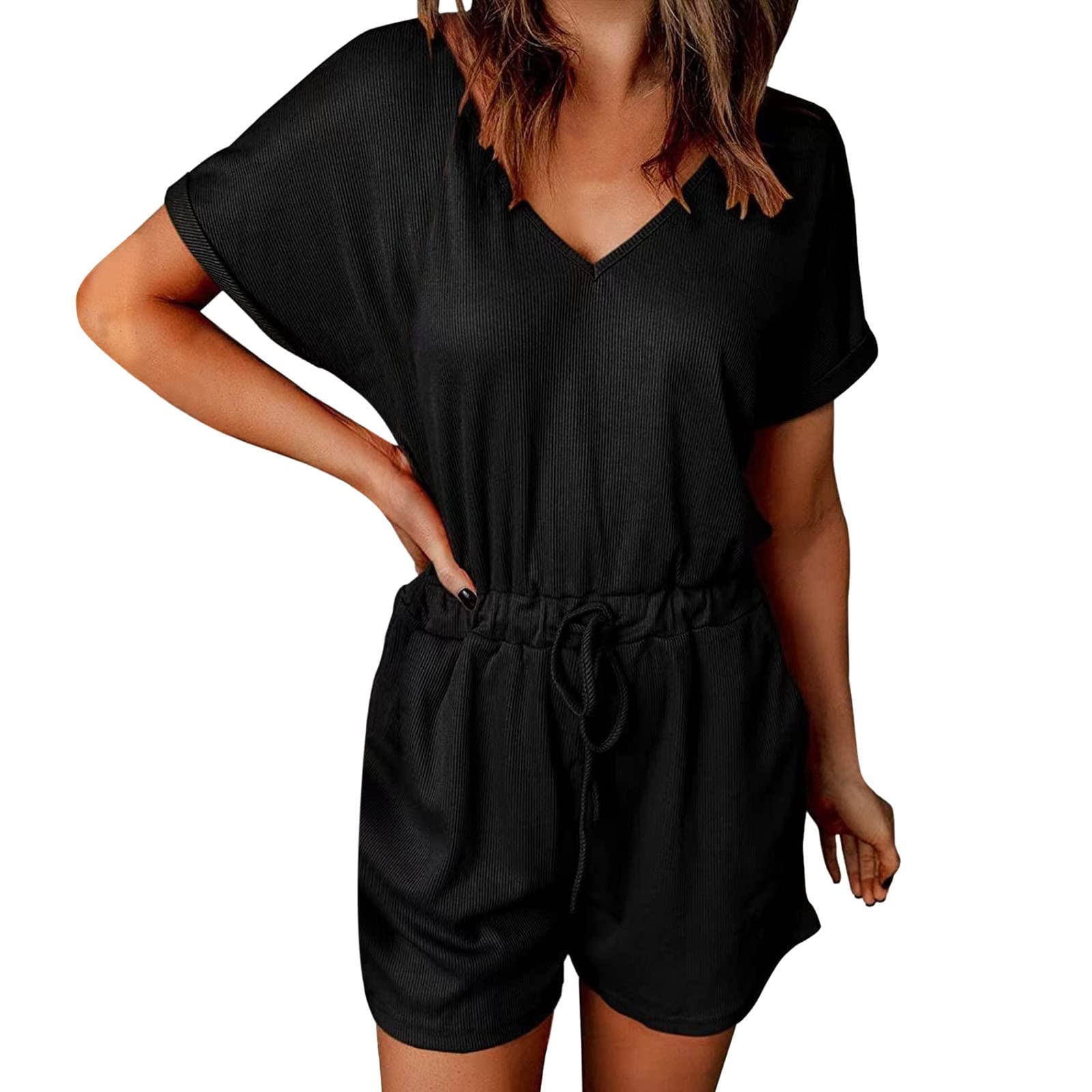 Generic Pelele con cremallera de 2 vías para mujer, cuello en V, verano, casual, suelto, manga corta, monos, cintura elástica, trajes de verano con bolsillos, mono de manga larga para mujer
