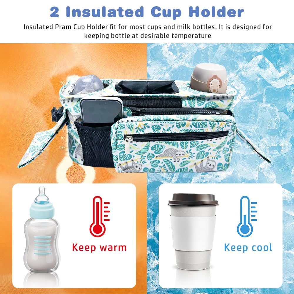Tyuodna Baby Pram Bag Stroller,Universal Stroller Bag with 2 Insulated Cup Holder,Large Capacity Bag Organiser,Buggy Organiser with Shoulder Strap&Non-Slip Secure Hooks (Sloth) - Image 2