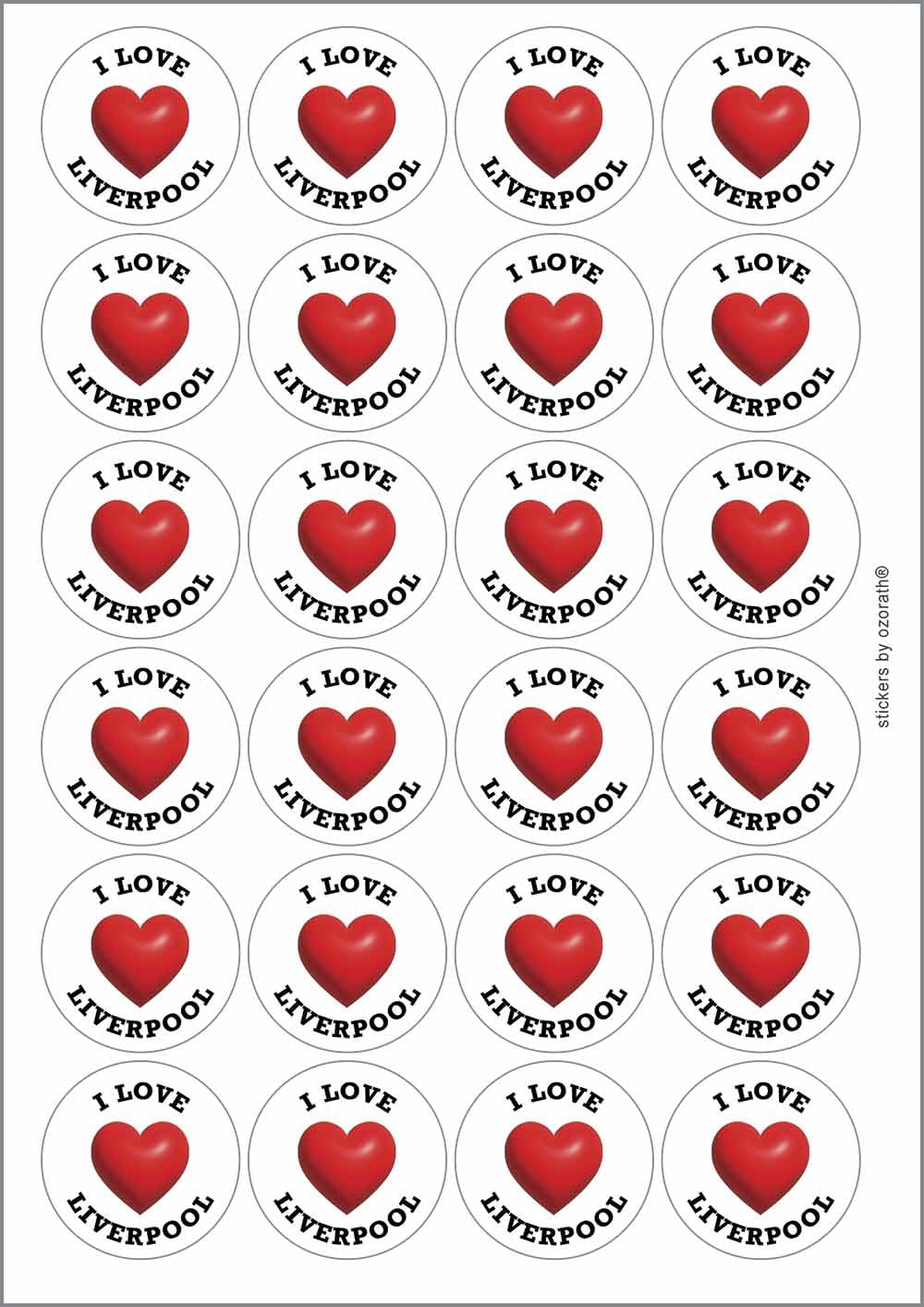 I Heart Love Liverpool Location Circular Matt Paper Stickers A4 Sheet of 24 (Each Sticker is 45mm Diameter)