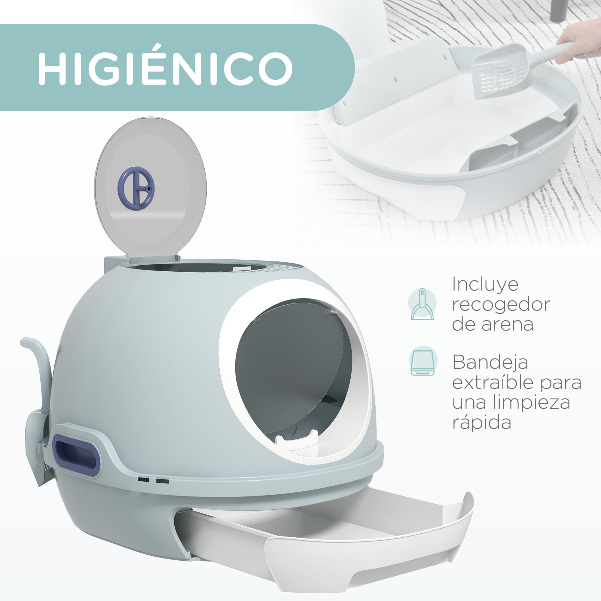 PawHut Caja de Arena para Gatos Arenero Cubierto con Cajón Arenero Cerrado para Gatos con Claraboya Abatible Bandeja Extraíble y Pala 47x55x44 cm Azul